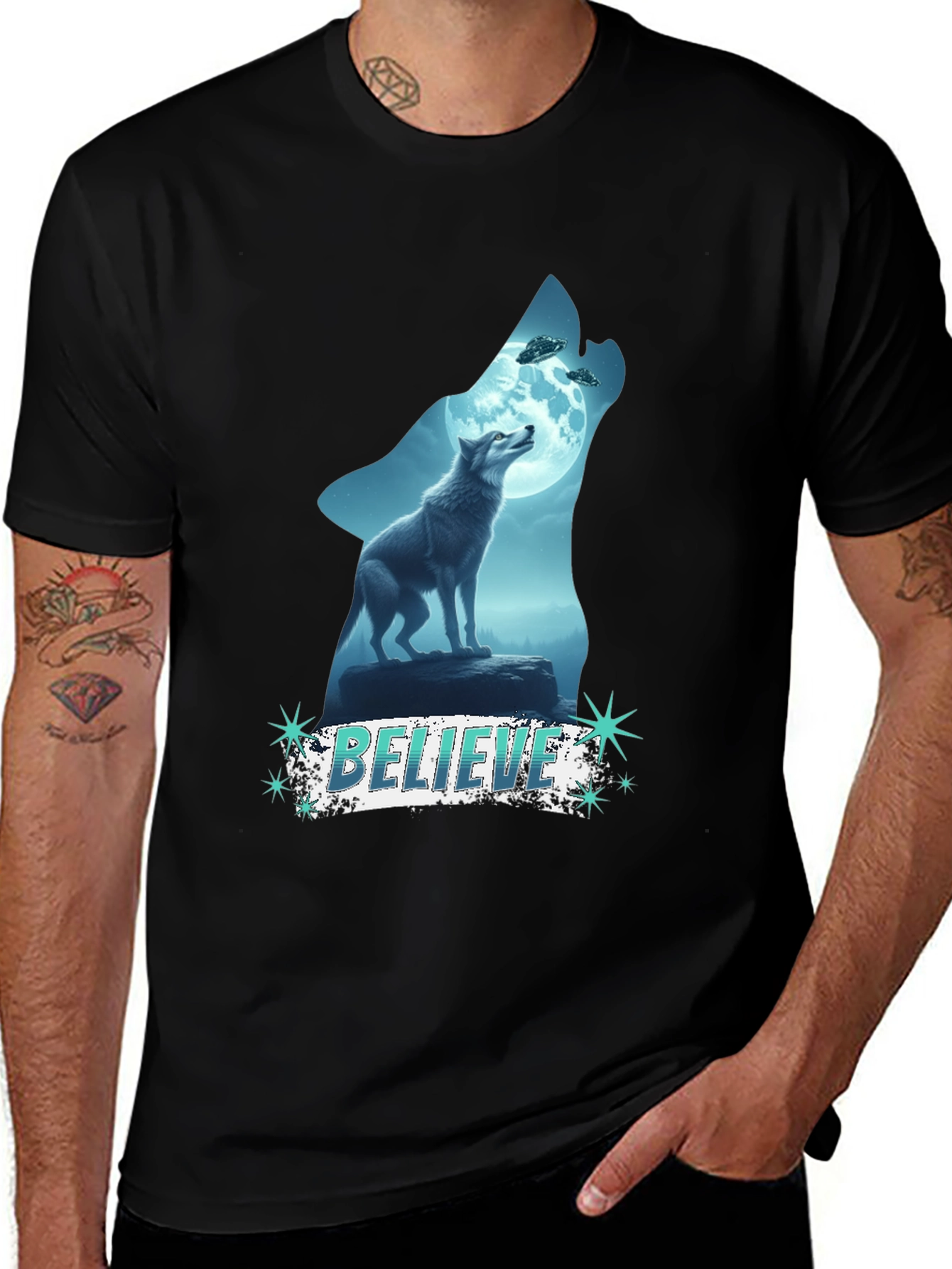 Variant 26 of Believe Wolf UFO Graphic Tee