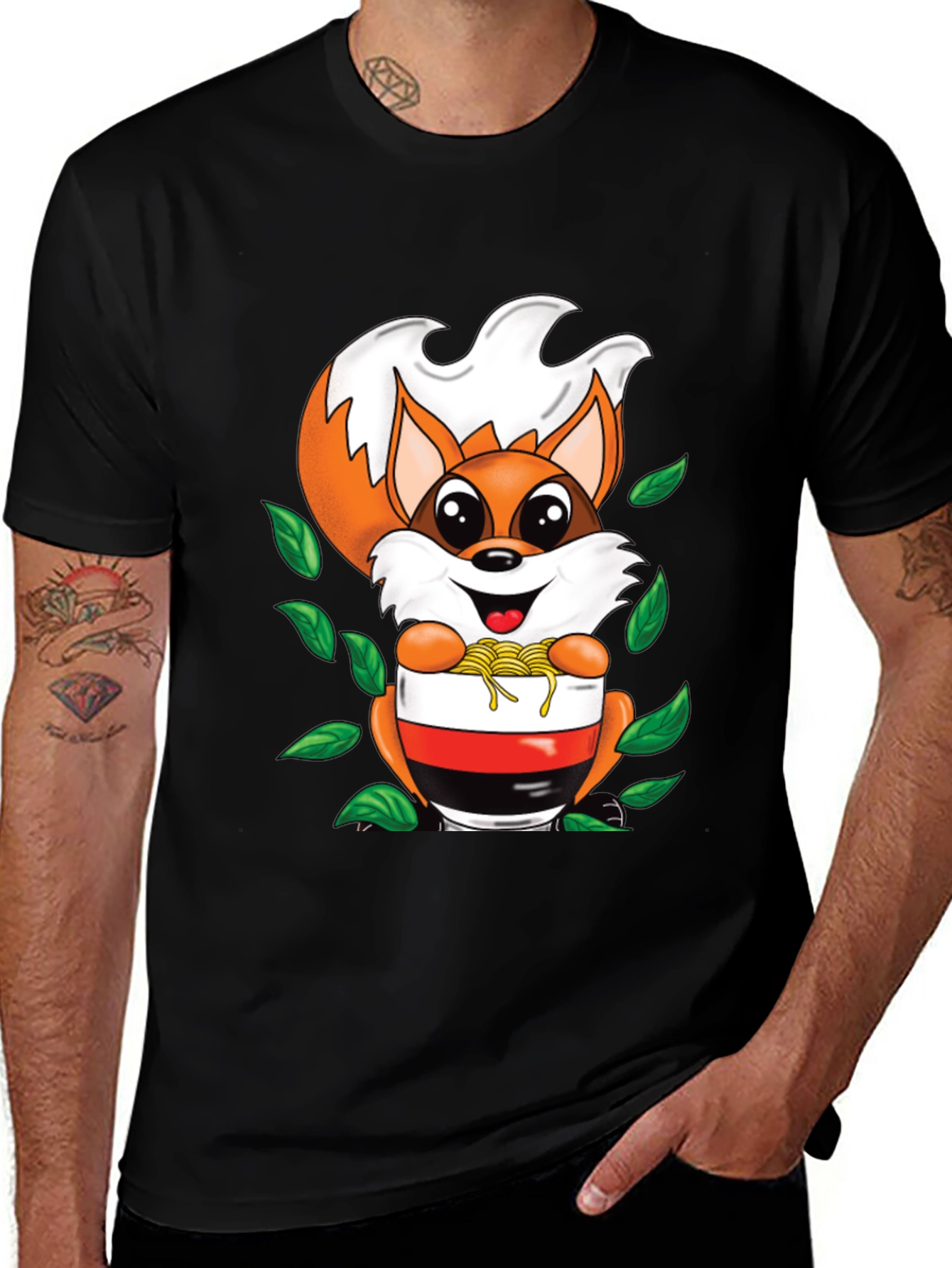Variant 7 of Cute Fox Ramen Bowl Graphic Tee - Unisex Black T-Shirt