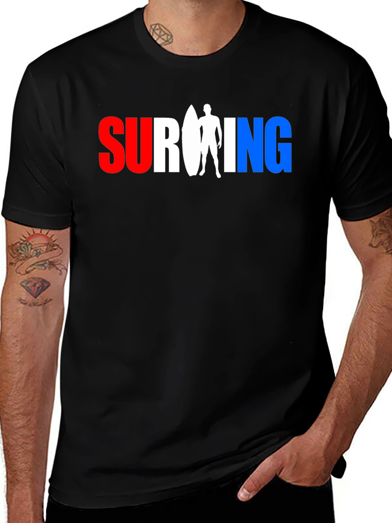 Surfing T-Shirt: Red, White, and Blue Design