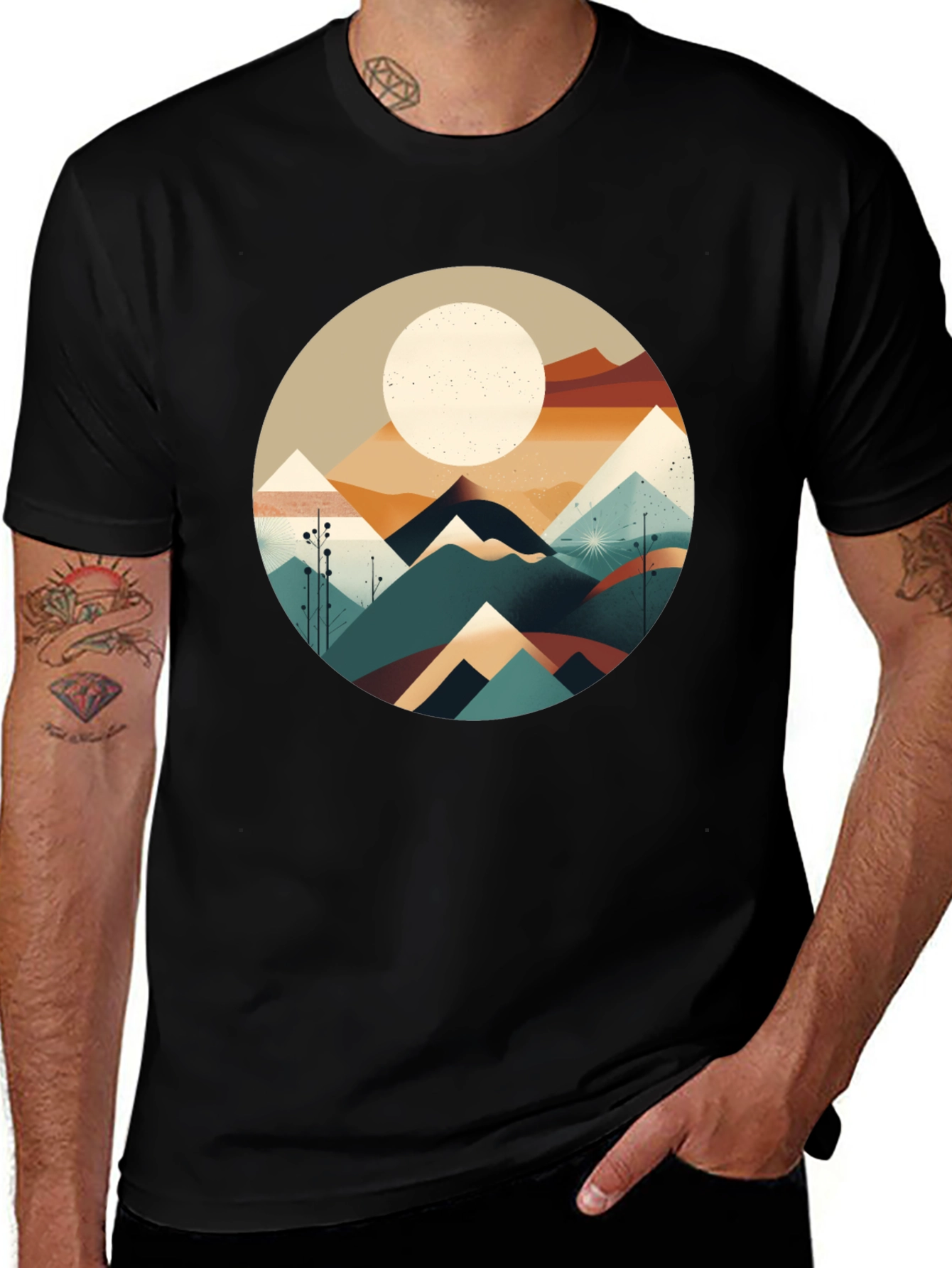 Black Geometric Mountain & Moon Graphic Tee - Black main image