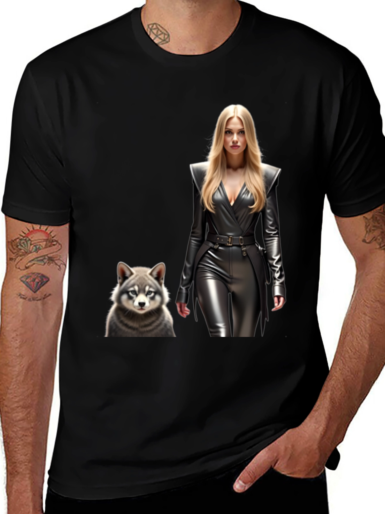 Variant 13 of Black T-Shirt with Woman & Wolf Design