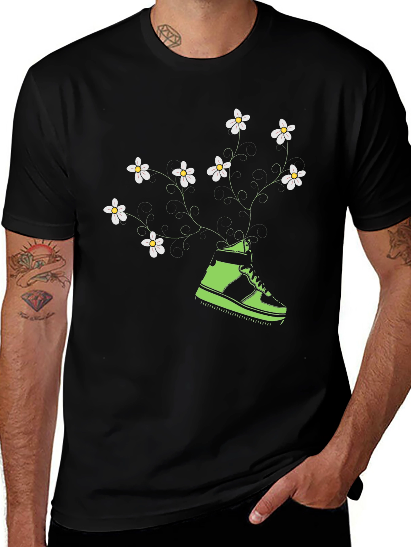 Floral Sneaker Graphic Tee - Black Cotton Blend