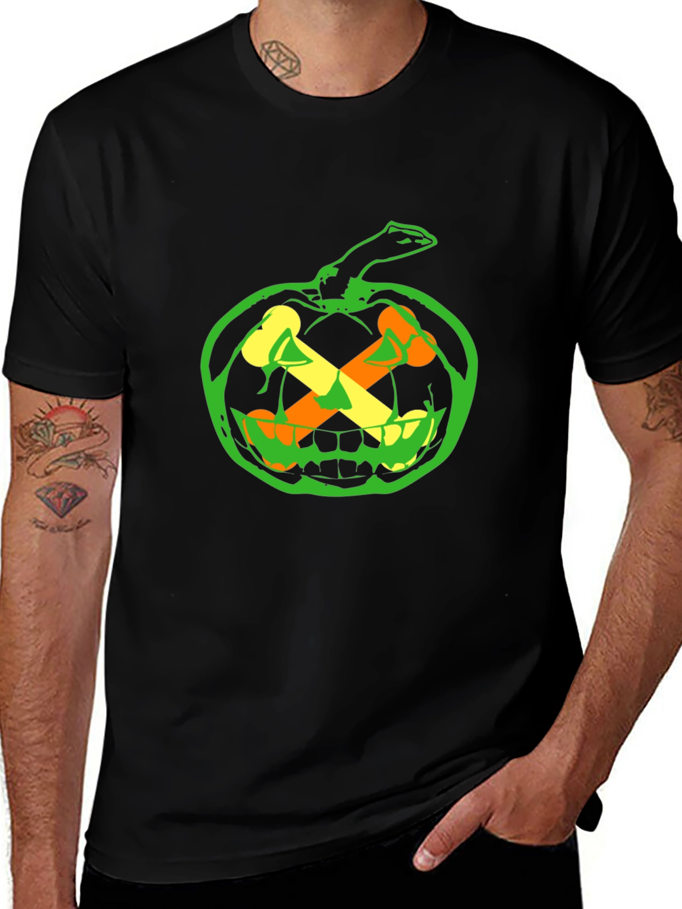 Halloween Pumpkin Bones Graphic Tee - Black