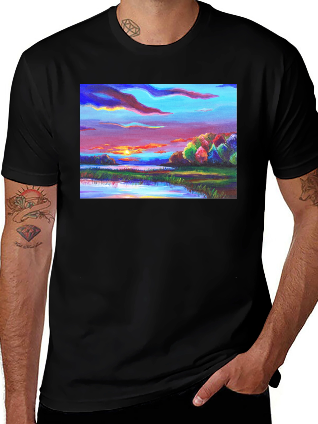 Variant 8 of Vibrant Sunset Landscape Graphic Tee - Black