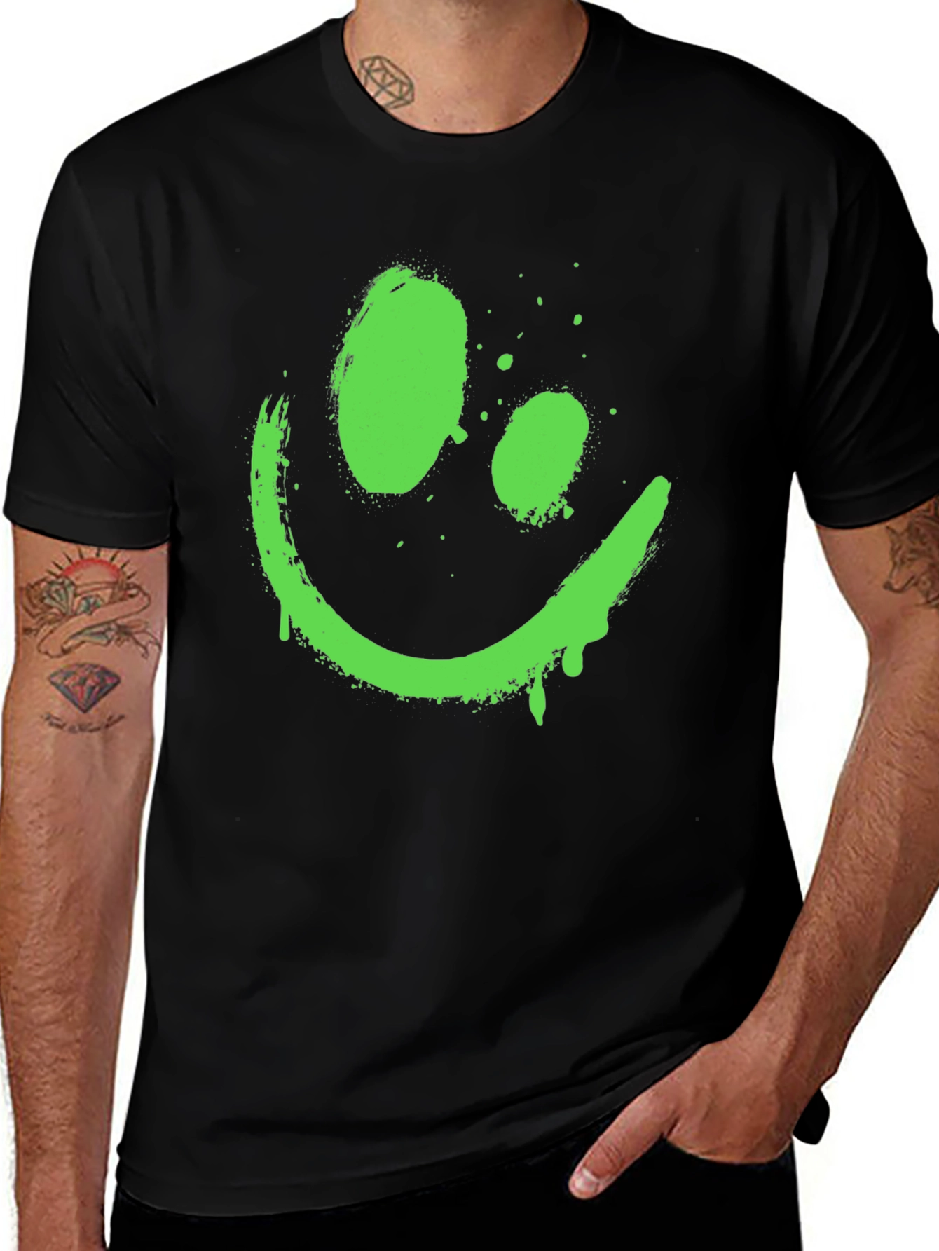 Variant 4 of Neon Green Smiley Face Graphic Black T-Shirt