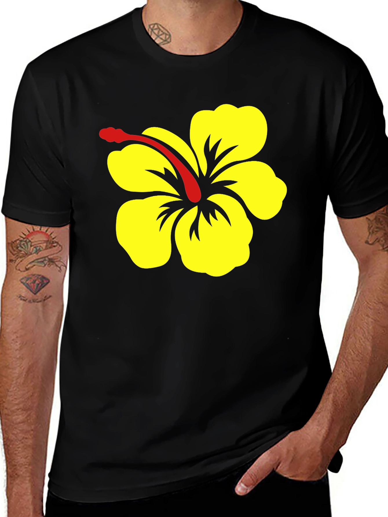 Black T-Shirt with Yellow Hibiscus Flower Graphic