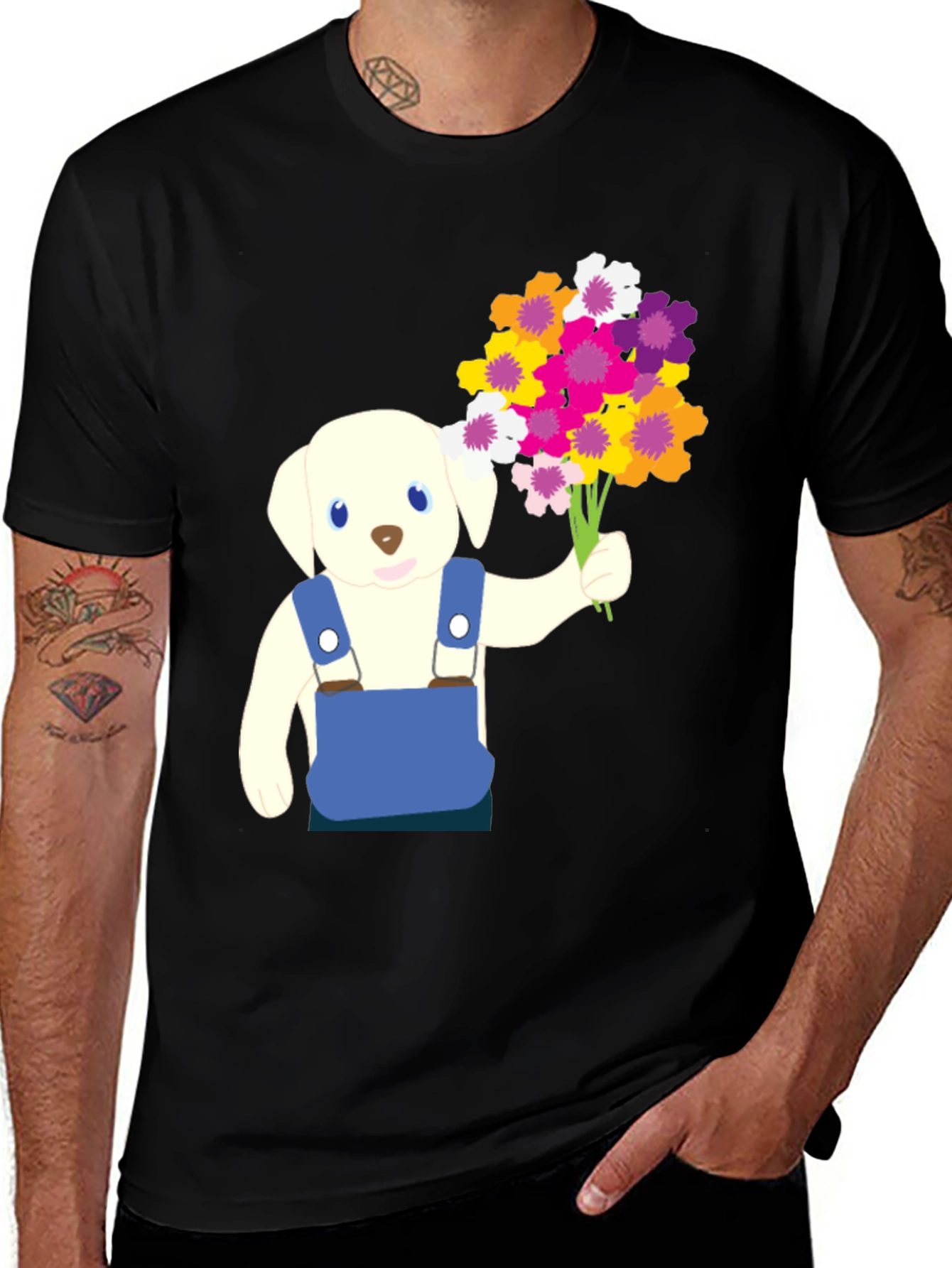 Variant 16 of Puppy with Flowers Graphic Tee - Black