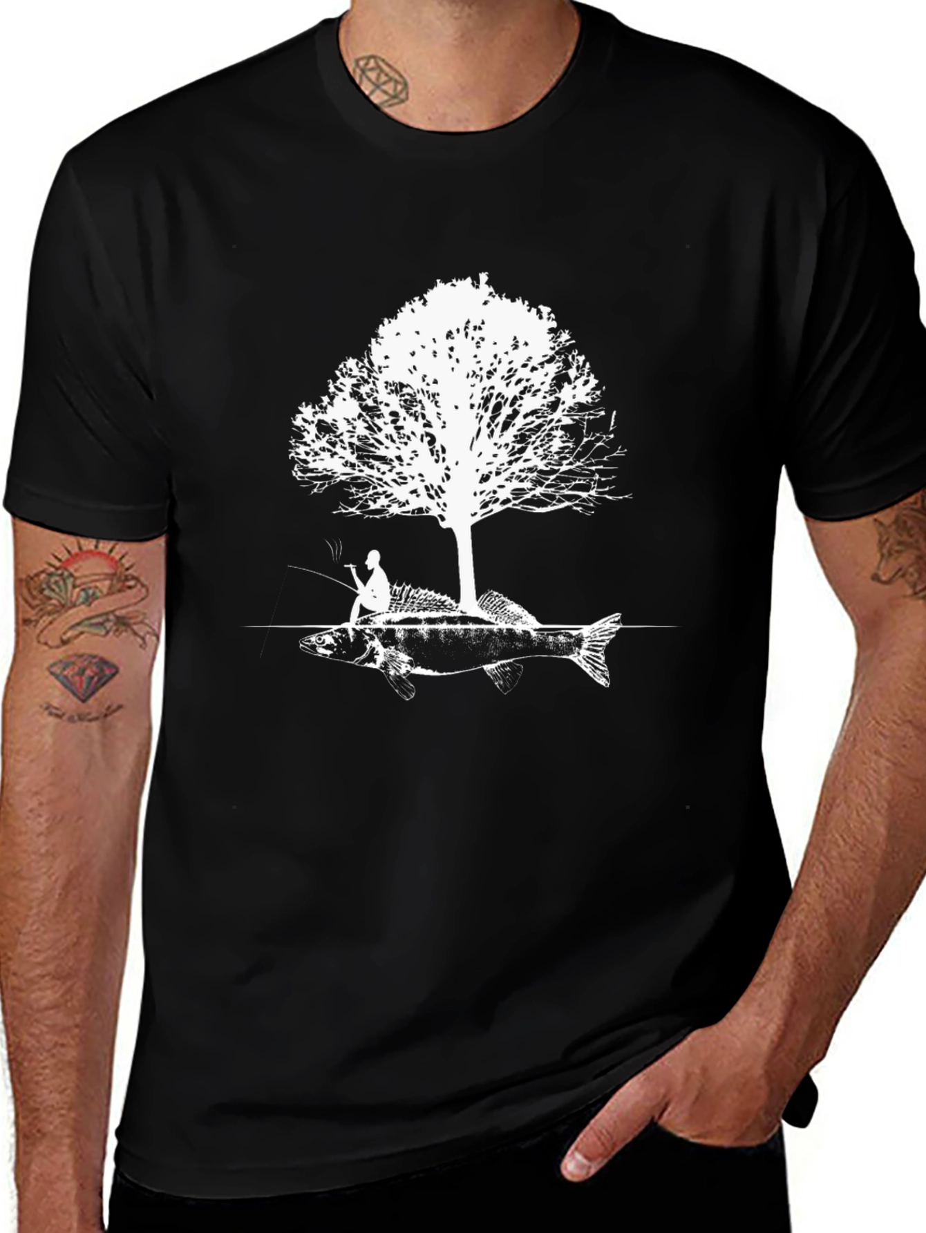 Black Fishing Tee: Fisherman Tree Fish Graphic T-Shirt main image