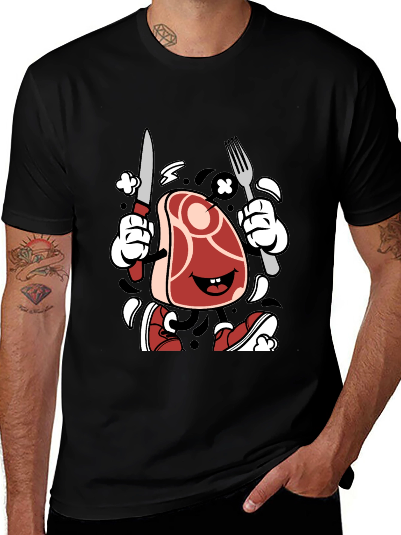 Variant 17 of Steak Cartoon Graphic Black T-Shirt