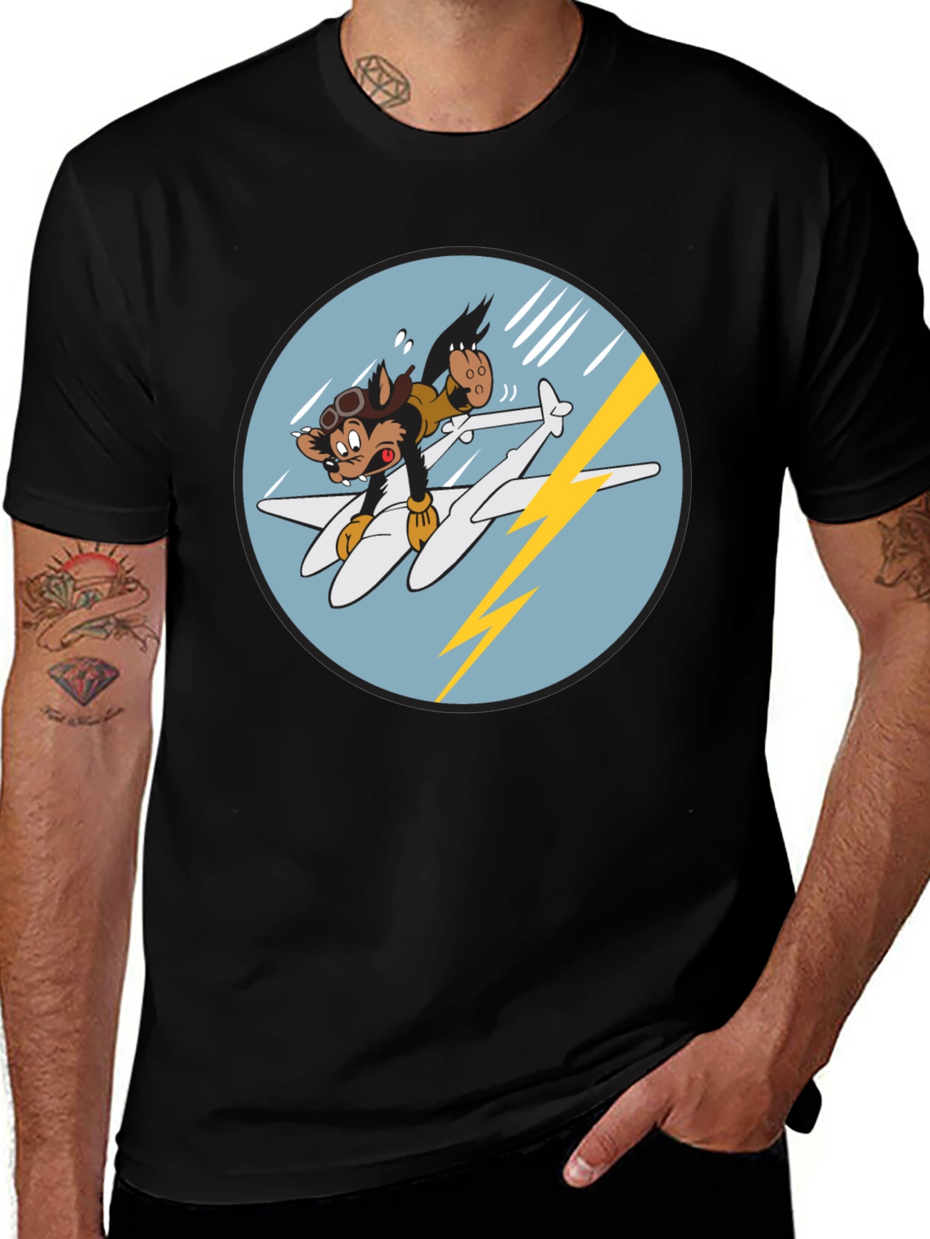 Variant 10 of Cartoon Wolf Pilot T-Shirt - Black