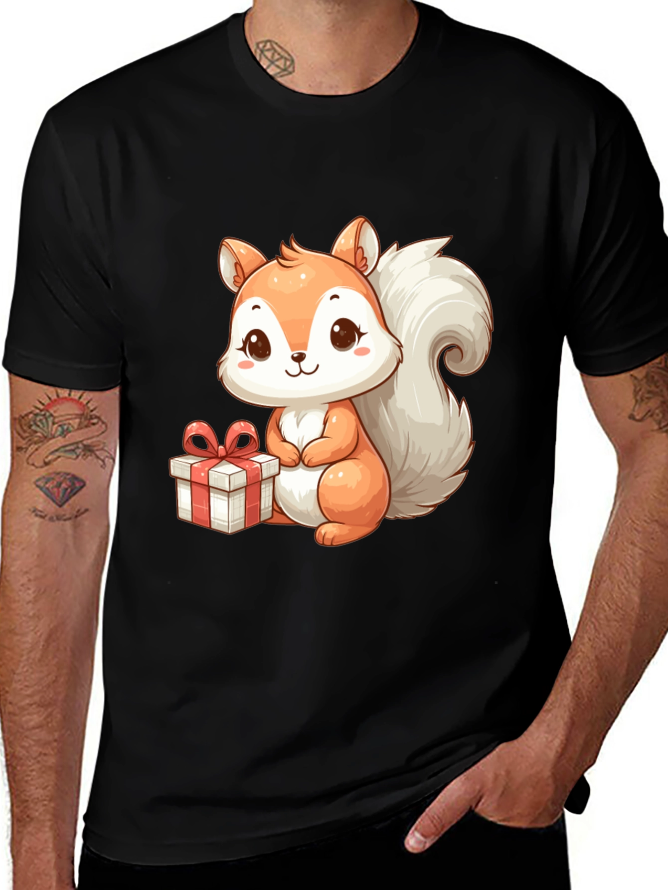 Variant 25 of Cute Squirrel with Gift - Black T-Shirt