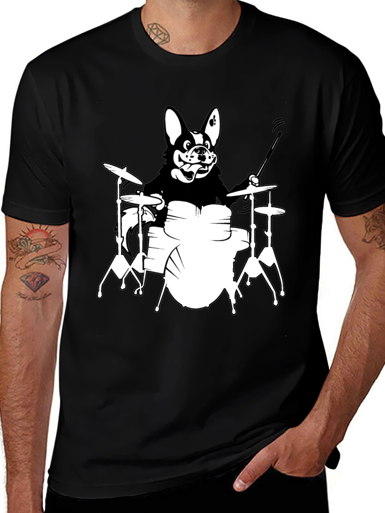 Variant 9 of Dog Drummer Graphic T-Shirt - Black Unisex Tee