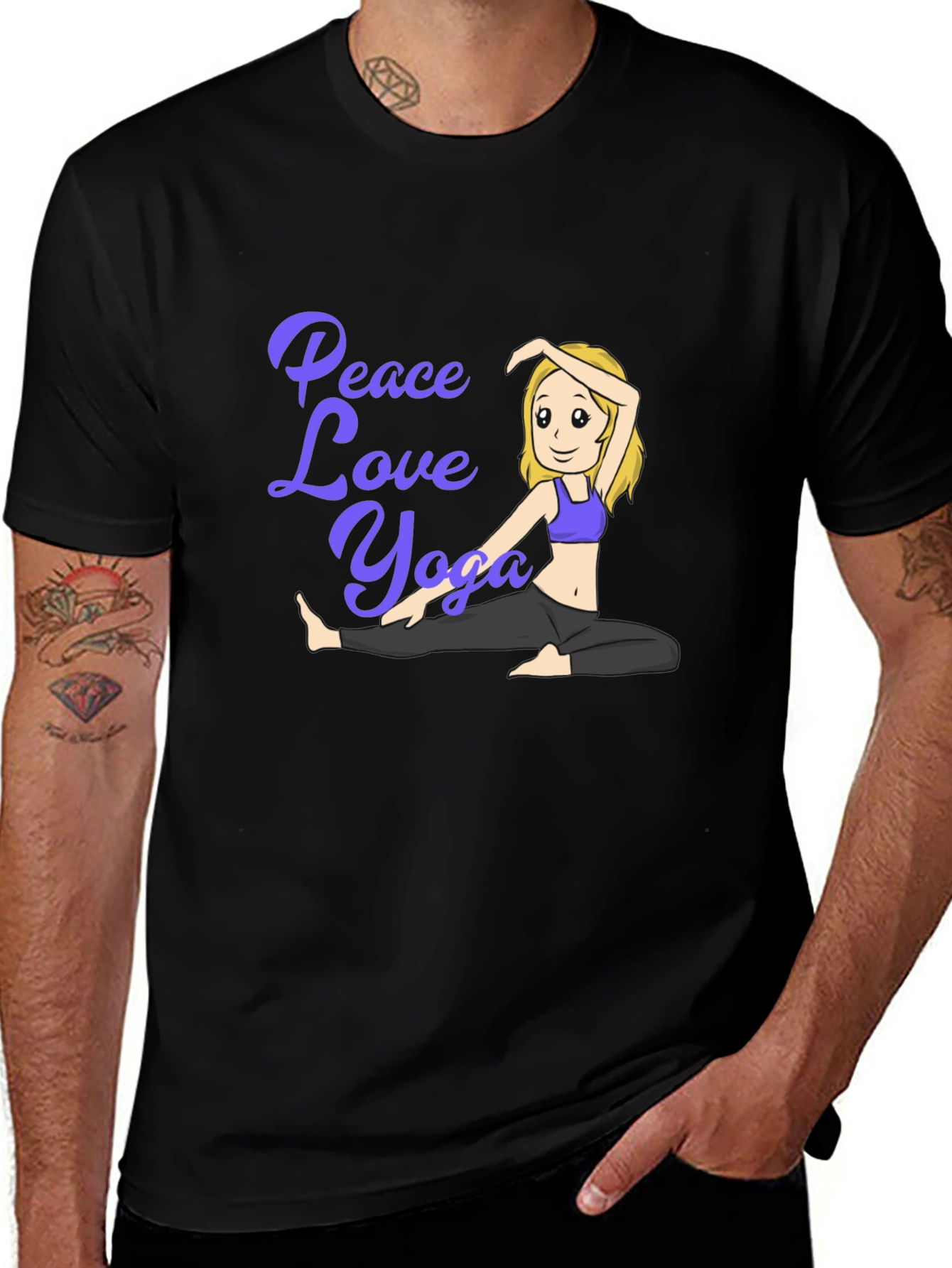 Peace Love Yoga Black T-Shirt - Cartoon Girl