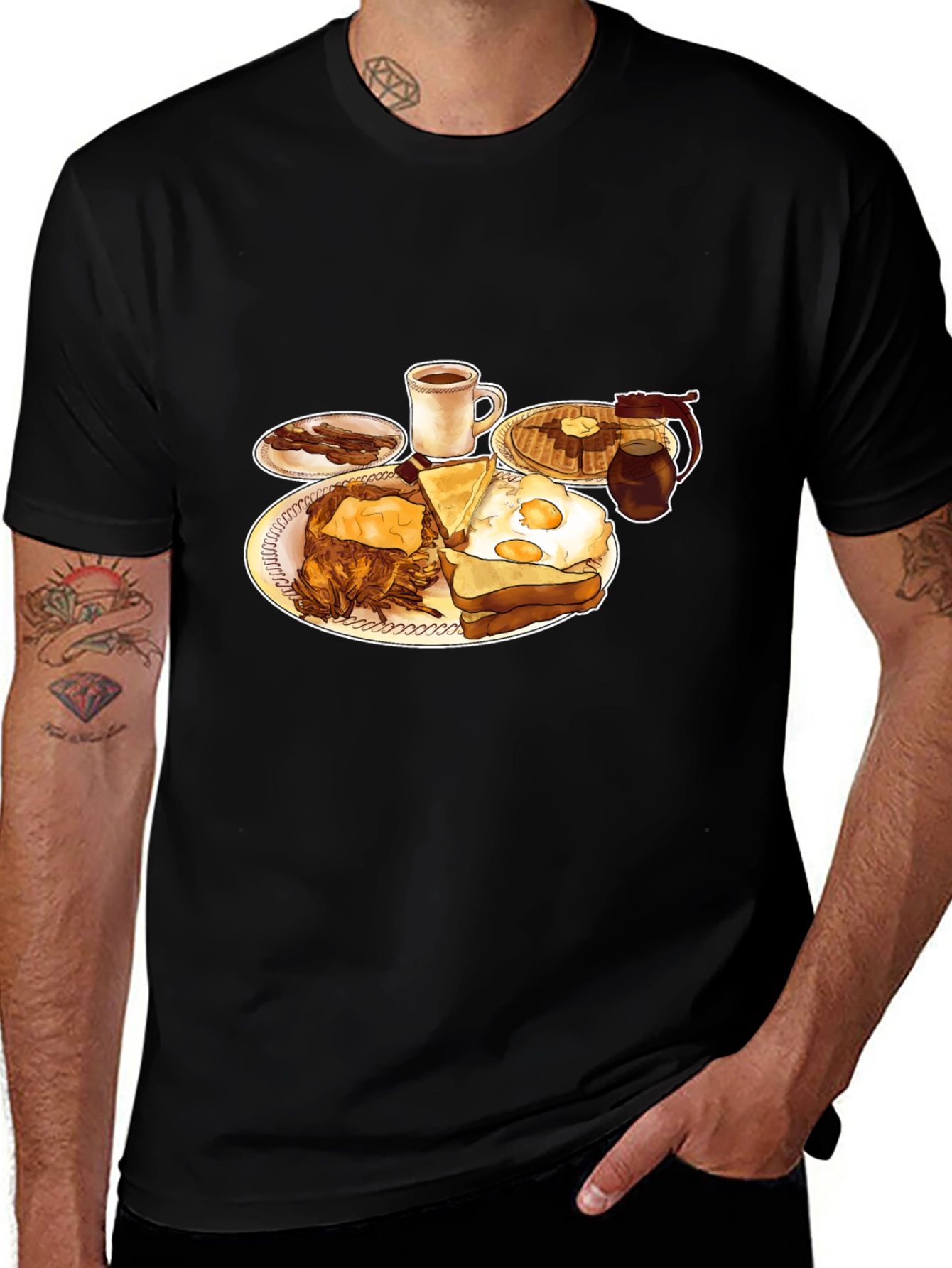 Variant 16 of Breakfast Food Pattern Black T-Shirt