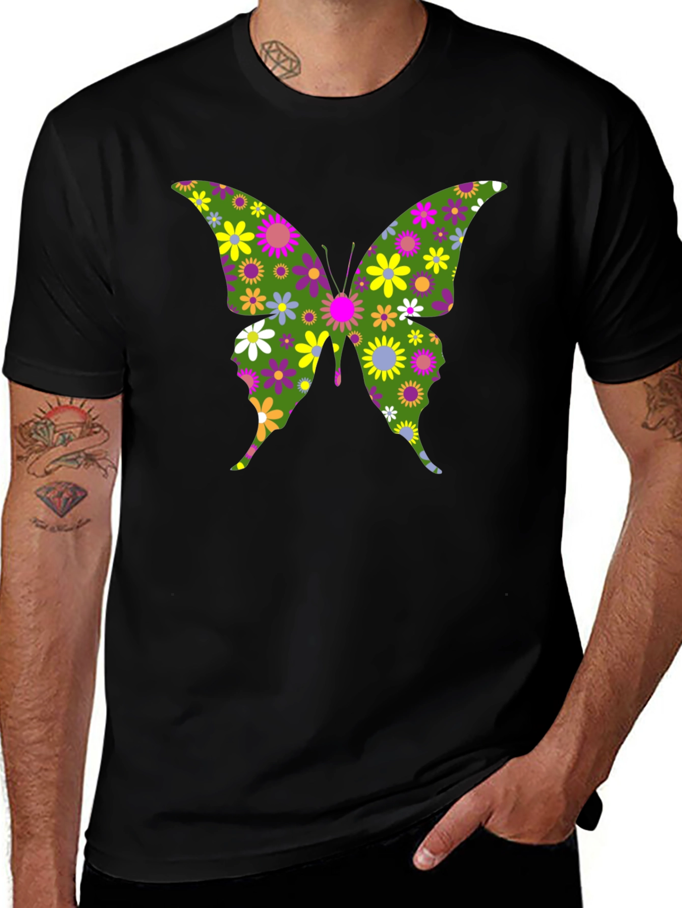 Variant 24 of Floral Butterfly Graphic T-Shirt - Black