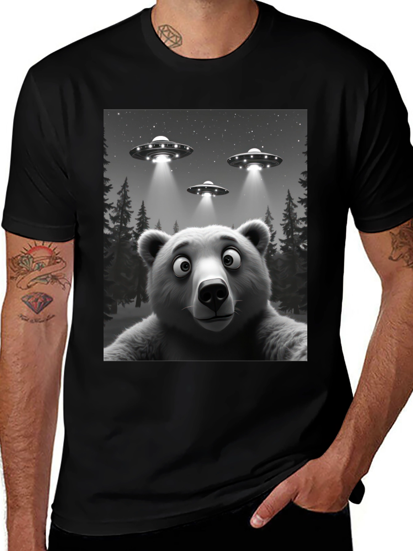 Variant 28 of UFO Bear T-Shirt - Black Cotton Novelty Tee