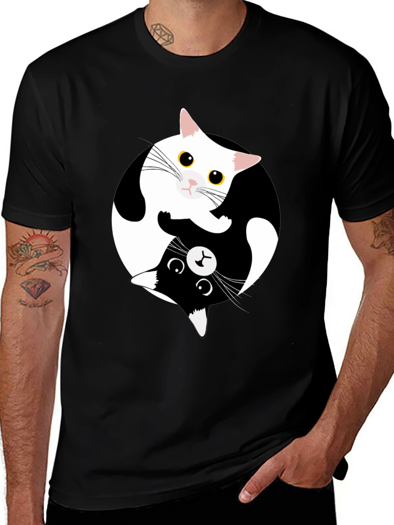 Yin Yang Cat Graphic Tee - Black
