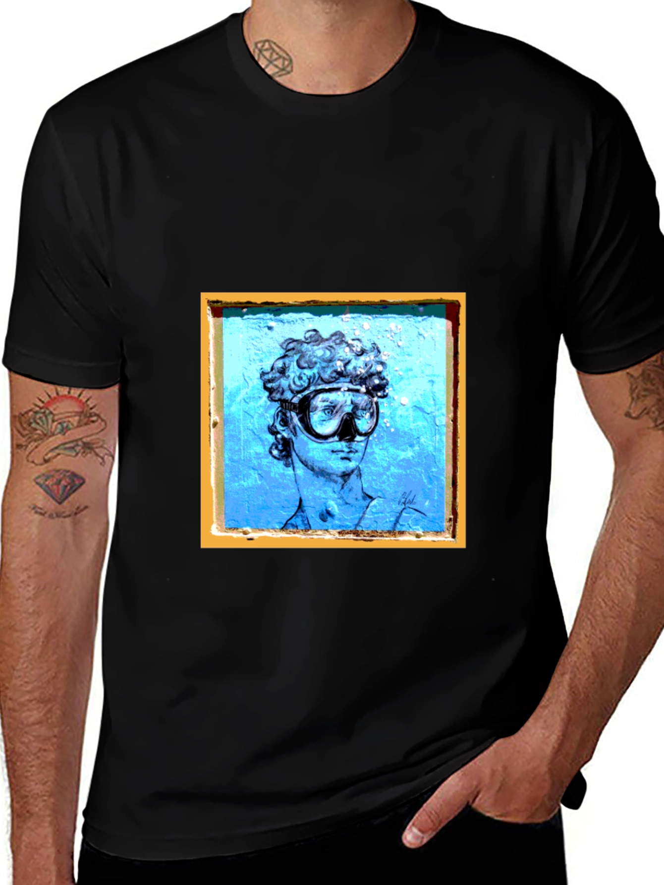 Variant 15 of Black T-Shirt with Michelangelo Scuba Diver Graphic