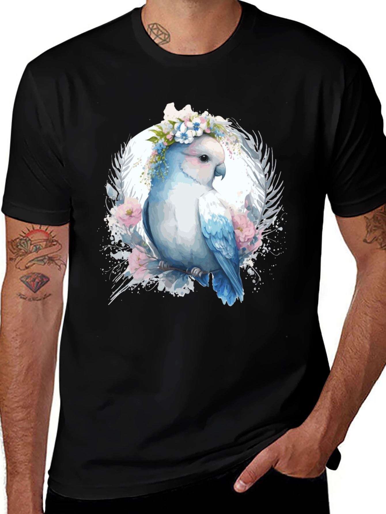 Variant 21 of Parrot Floral Wreath Black T-Shirt