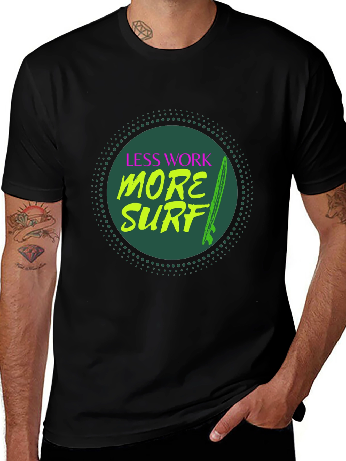 Variant 21 of Less Work More Surf Black T-Shirt