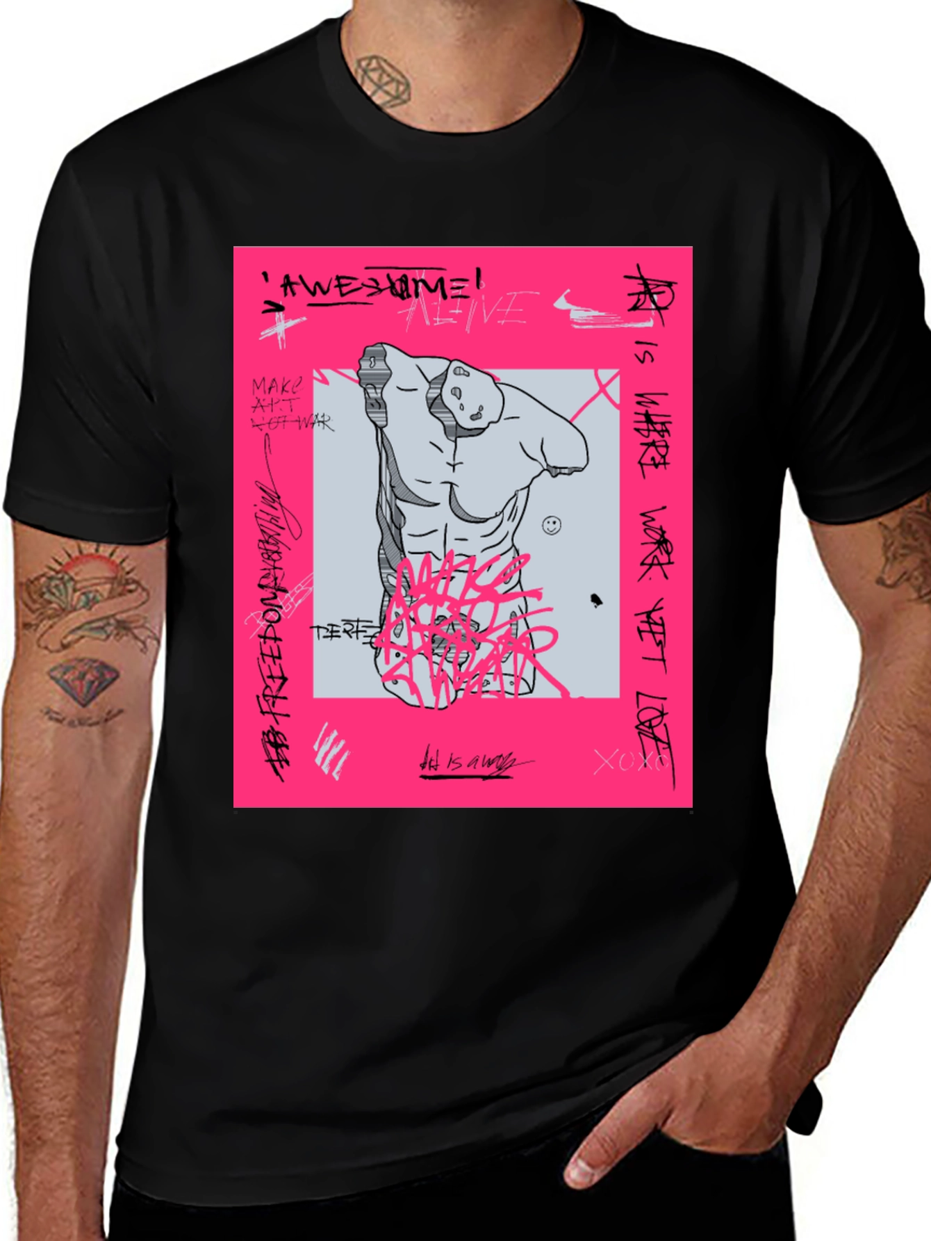 Variant 9 of Edgy Graphic Tee with Statue & Graffiti Print