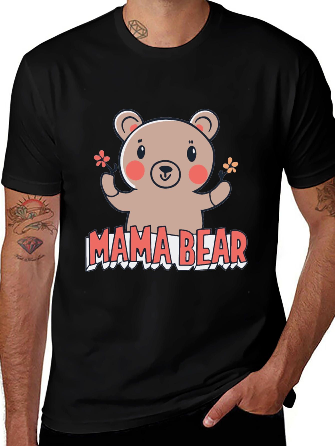 Mama Bear Graphic Tee - Cute Bear & Flowers