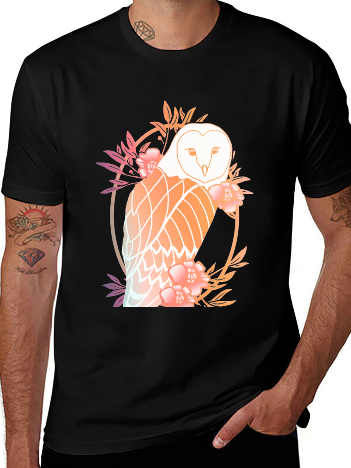 Variant 12 of Floral Owl Graphic Tee - Men's Black T-Shirt