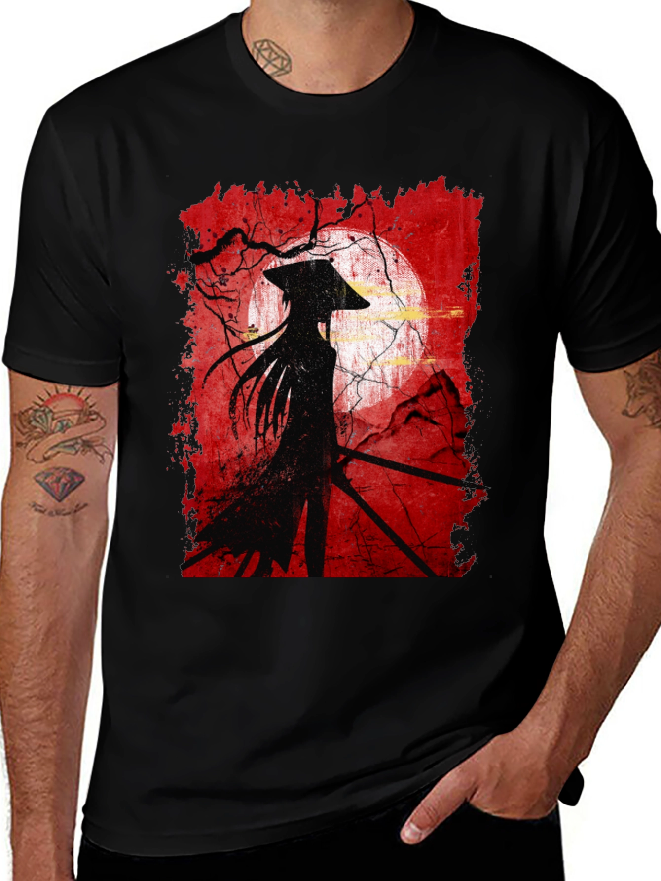 Variant 6 of Samurai Silhouette Graphic Tee - Men's Black T-Shirt