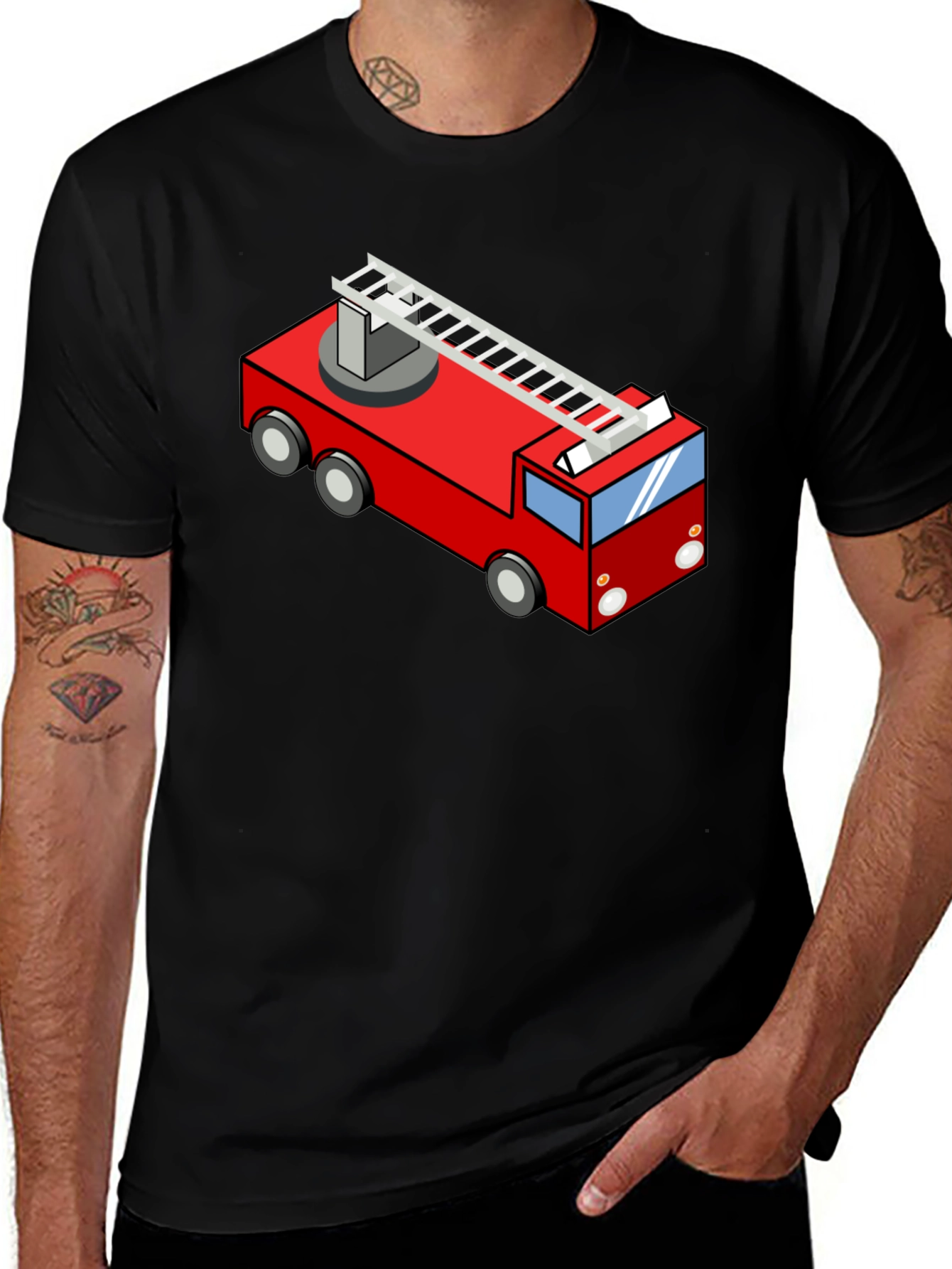 Variant 19 of Cartoon Firetruck Graphic Tee - Black Cotton T-Shirt