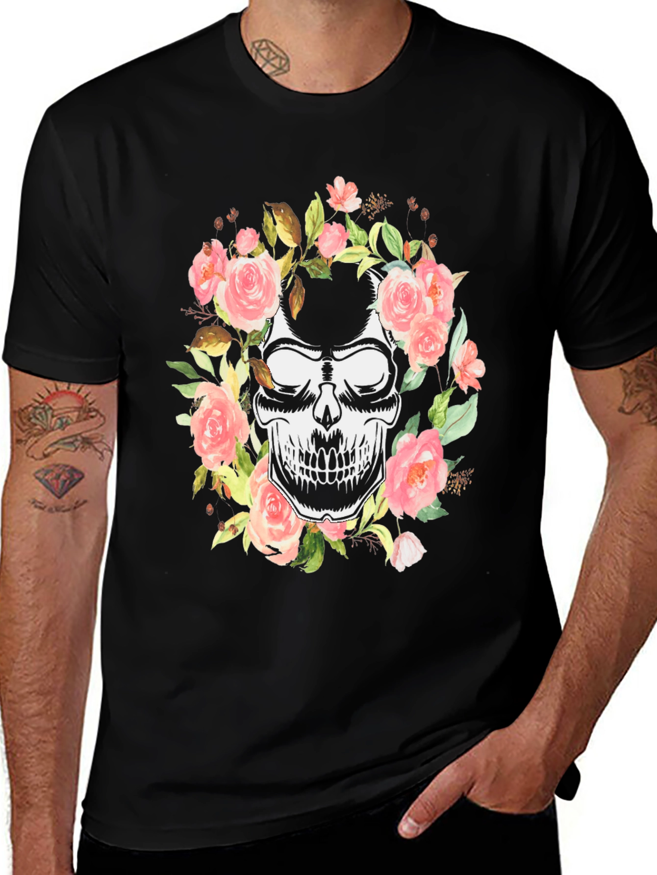 Variant 16 of Floral Skull Graphic Black T-Shirt