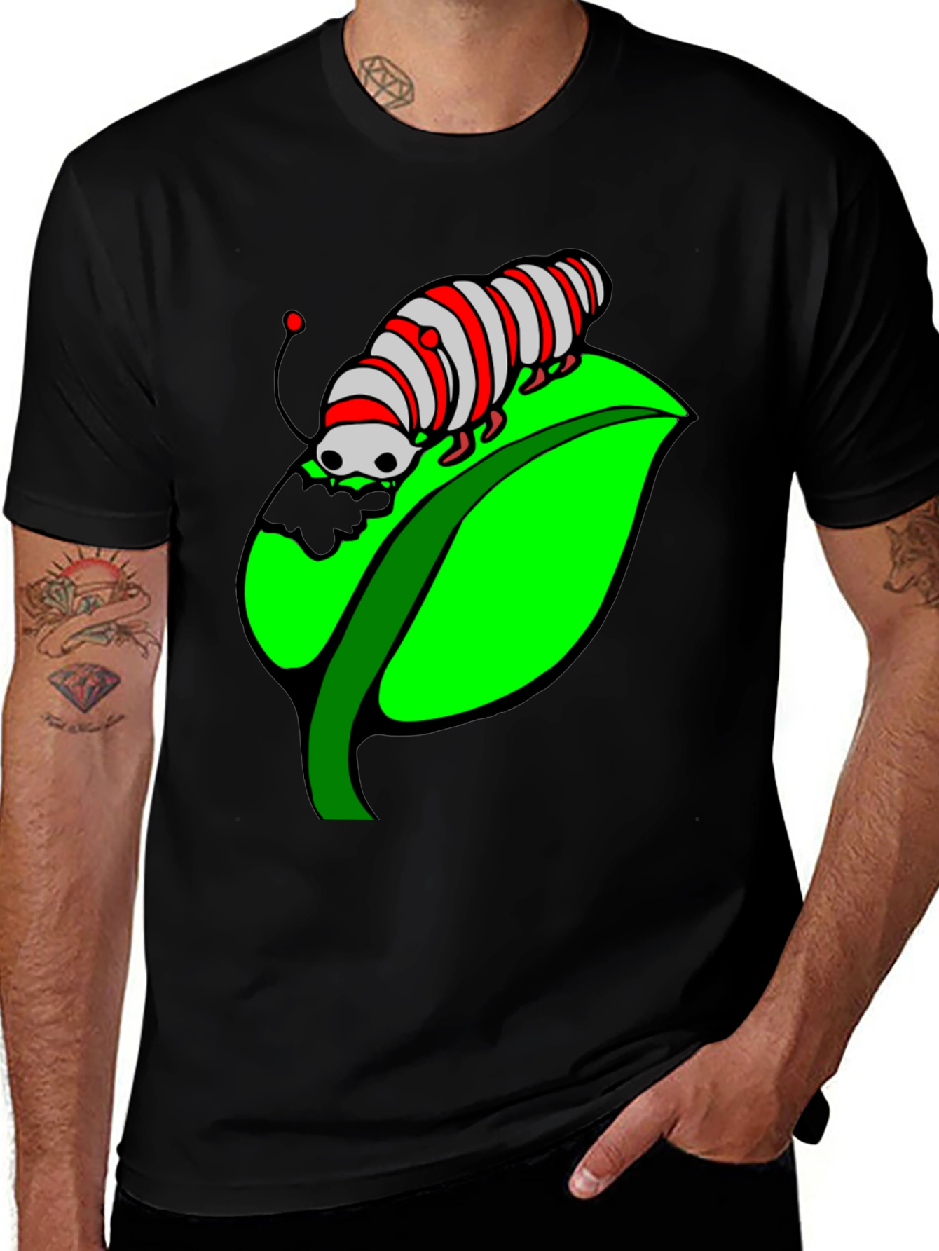 Variant 18 of Caterpillar on Leaf Graphic T-Shirt - Black Cotton Tee