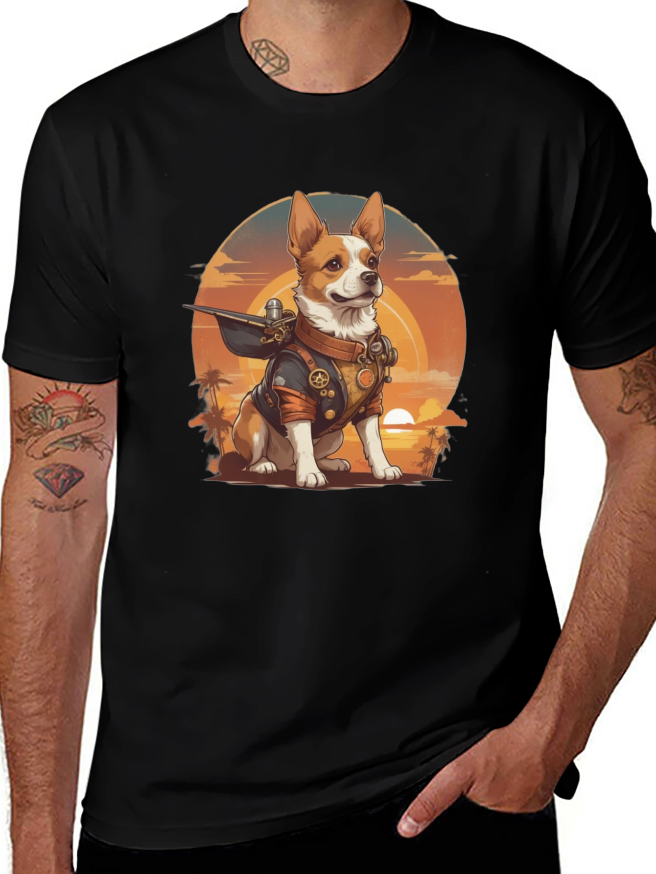 Variant 10 of Steampunk Dog Graphic T-Shirt - Sunset Design