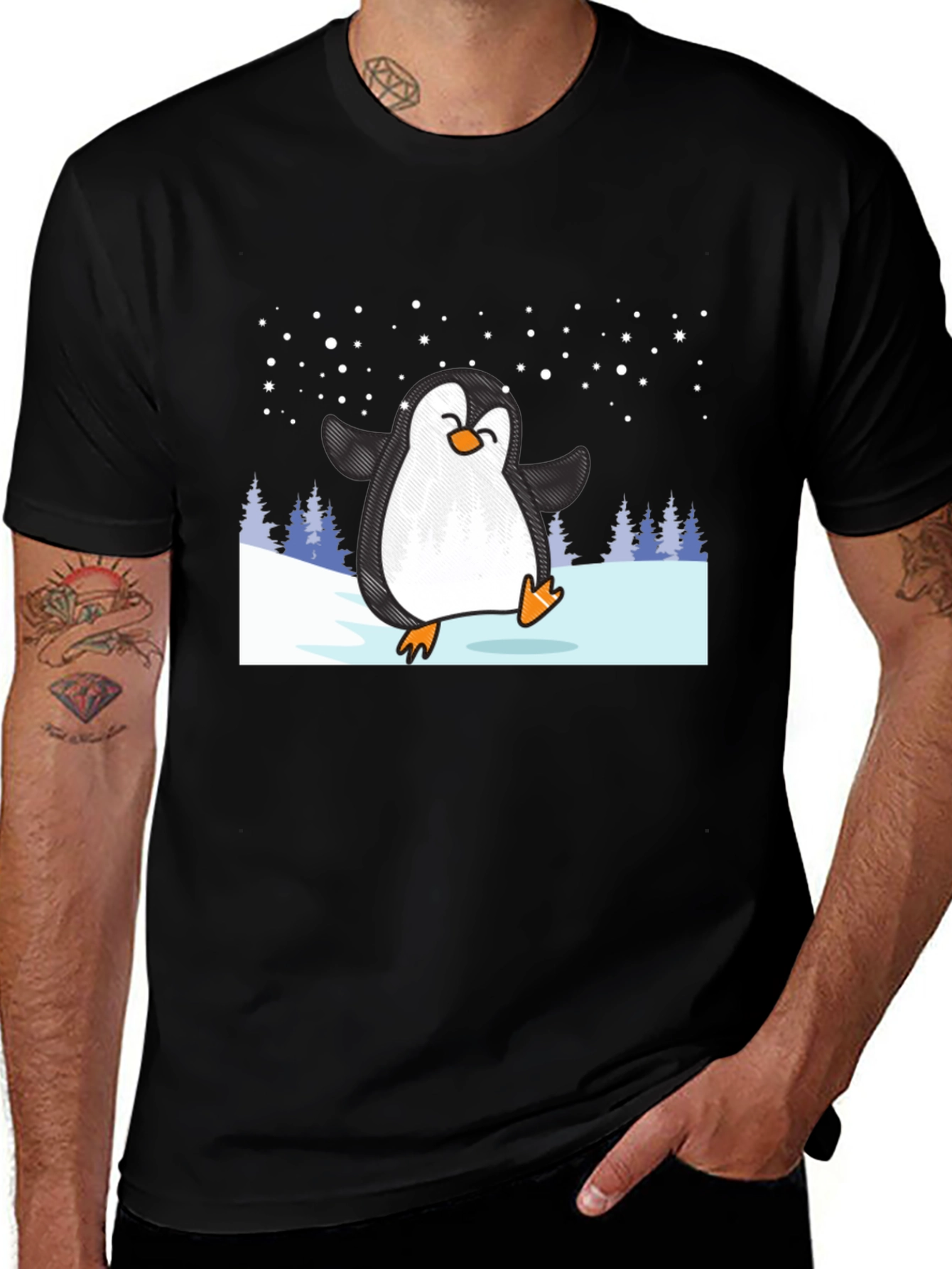Variant 22 of Dancing Penguin Graphic Tee - Black Cotton Shirt