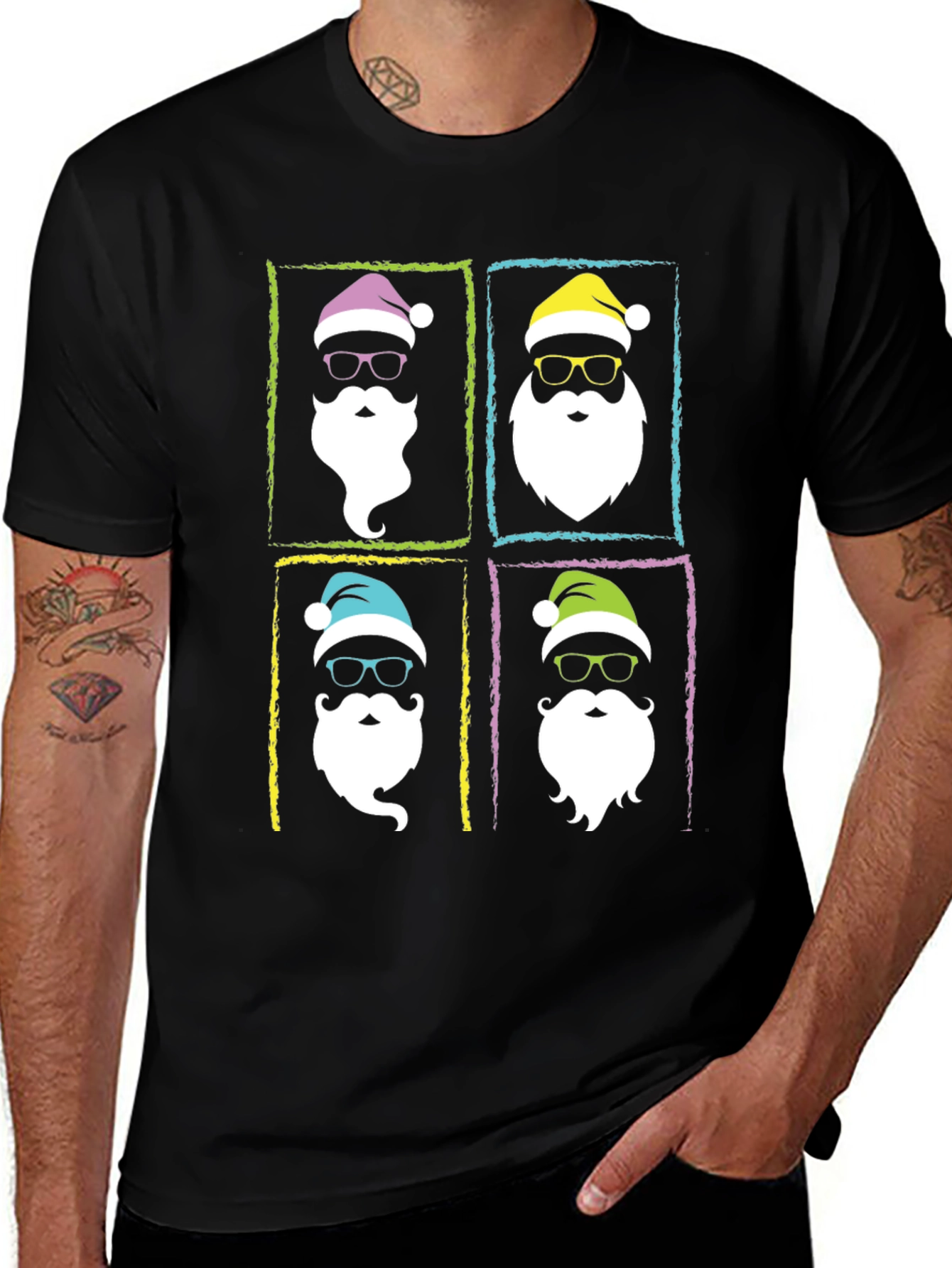 Variant 2 of Hipster Santa Graphic T-Shirt - Black Holiday Tee
