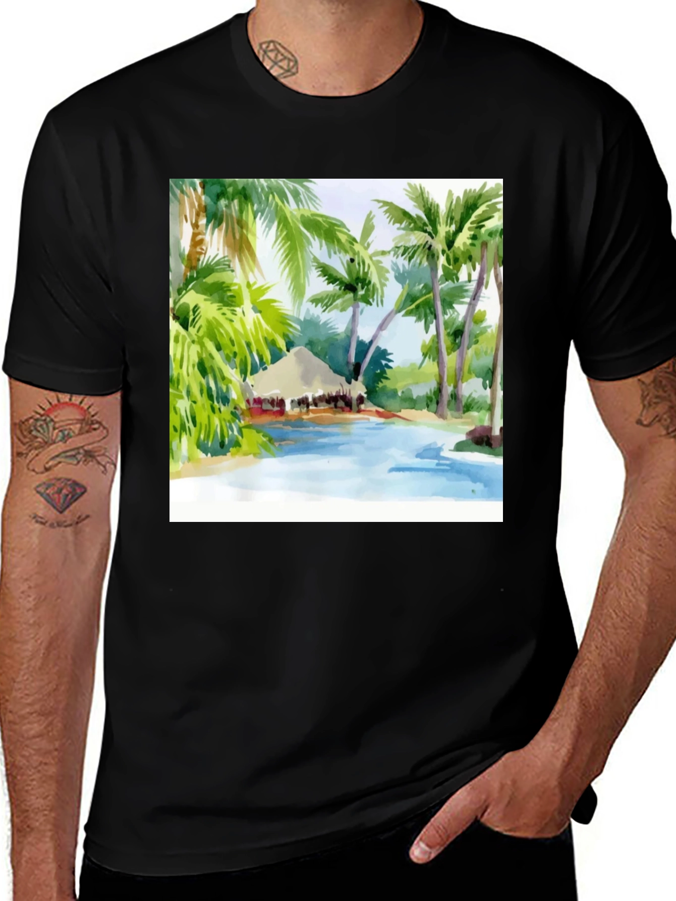 Variant 10 of Tropical Palm Tree Island Men's Black T-Shirt