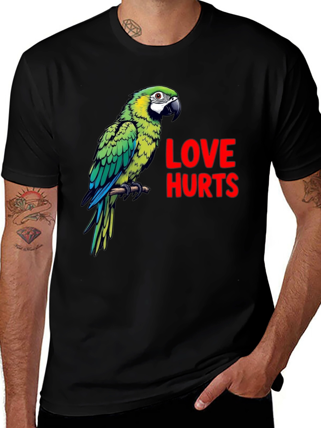 Variant 29 of Love Hurts Parrot Graphic Tee - Unique Design