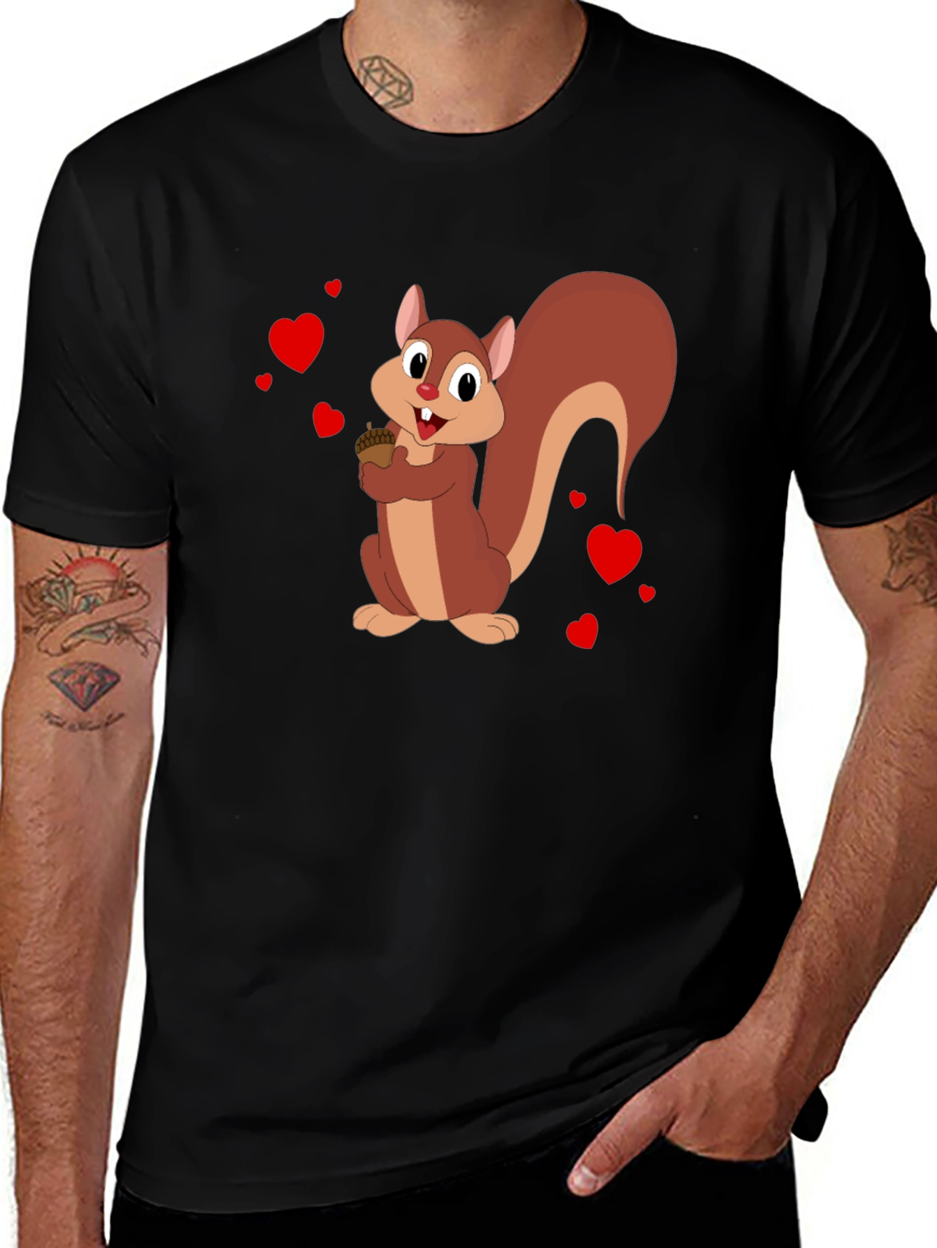 Squirrel Holding Acorn Graphic T-Shirt - Black