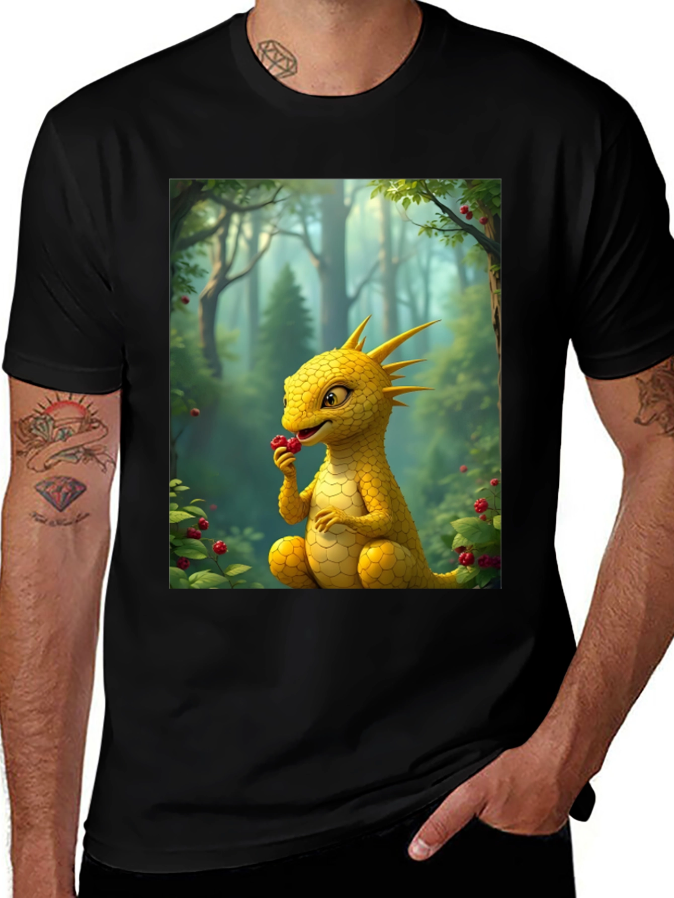 Black Cute Dragon Eating Berries Graphic Tee main image