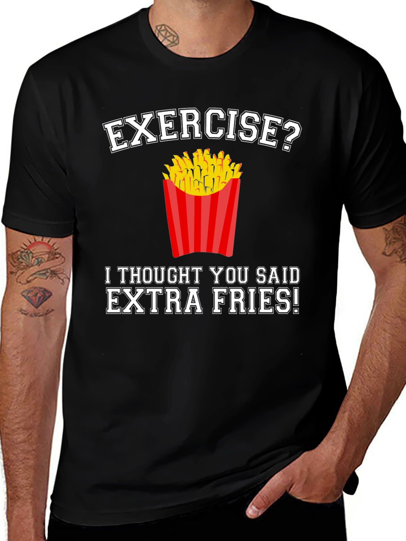 Black Exercise? Extra Fries! Funny Graphic T-Shirt main image