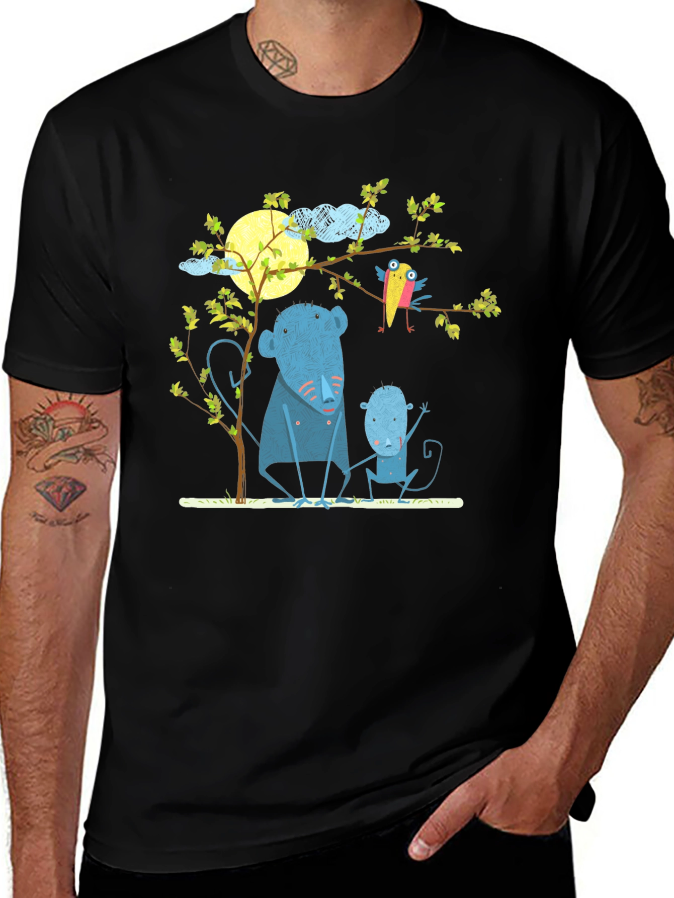 Variant 21 of Cartoon Monkeys & Bird Graphic T-Shirt