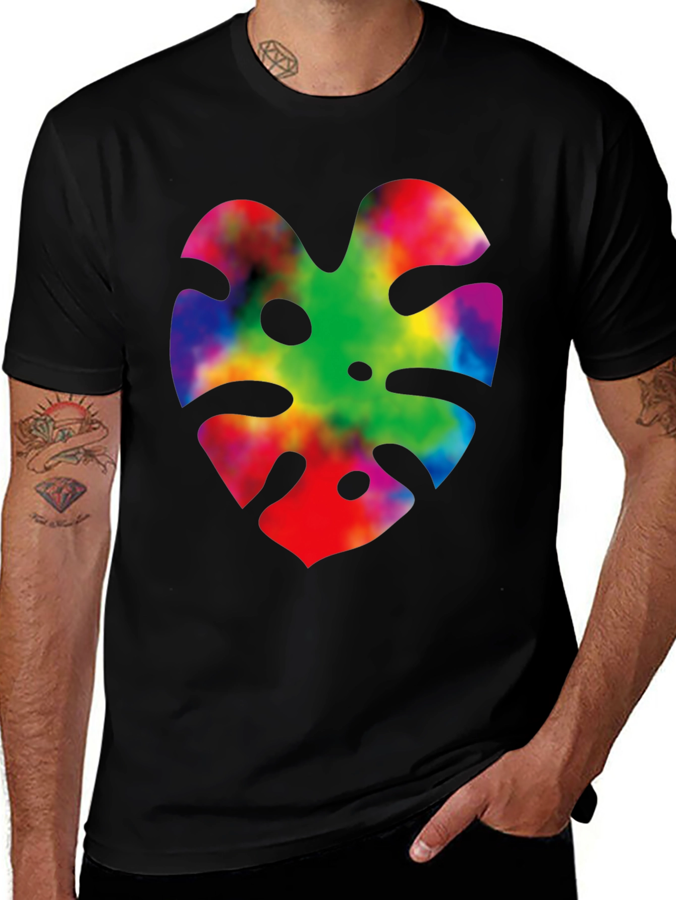 Variant 23 of Tie-Dye Monstera Leaf Graphic Tee - Casual Black T-Shirt