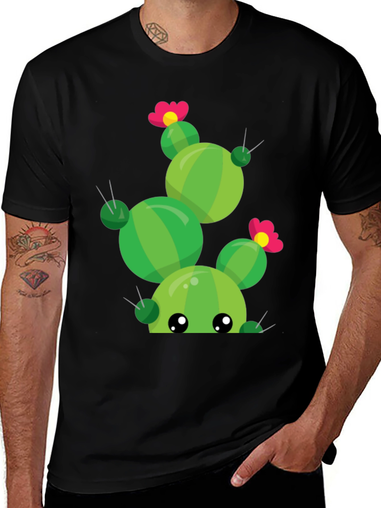 Variant 11 of Cute Cactus Graphic Tee - Black Cotton Shirt