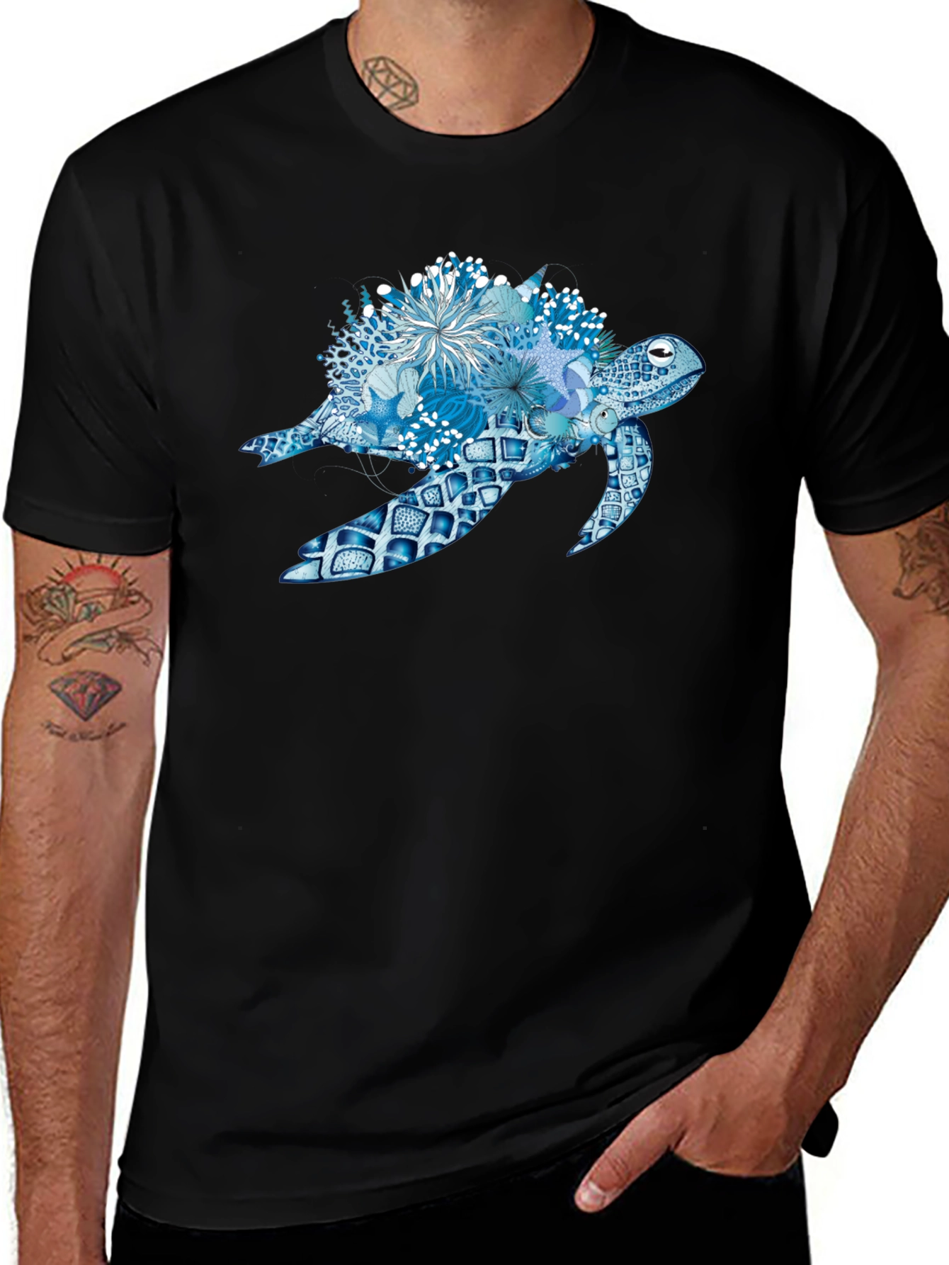 Blue Sea Turtle Floral T-Shirt