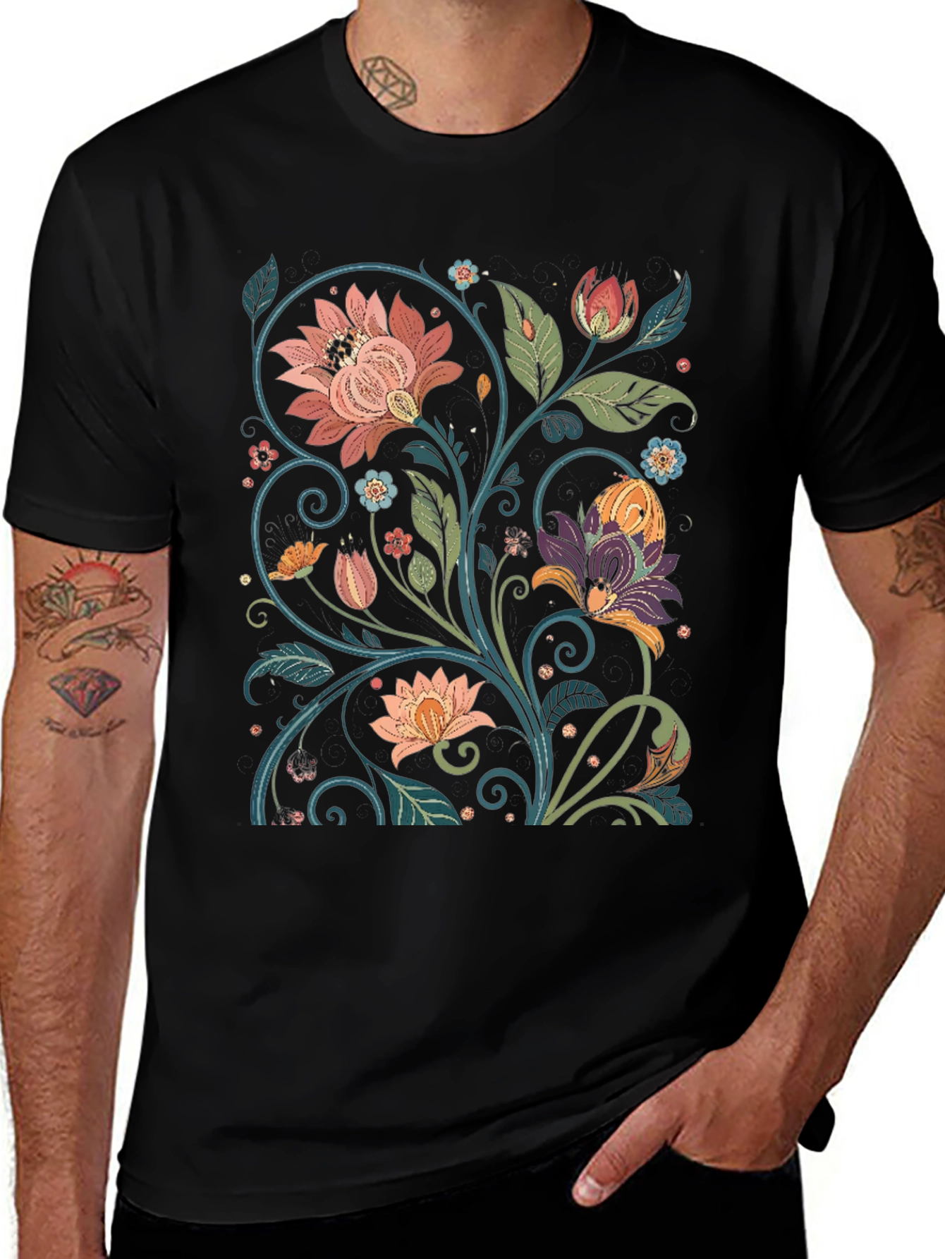Variant 19 of Floral Pattern Black T-Shirt - Vintage Style