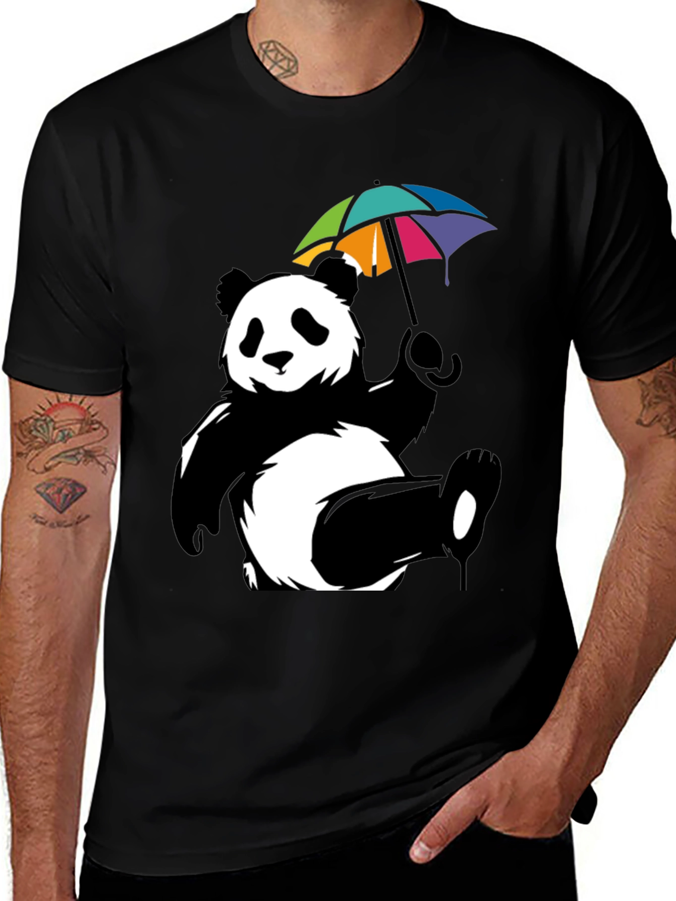 Variant 10 of Panda Bear Umbrella Graphic Tee - Men's Black T-Shirt