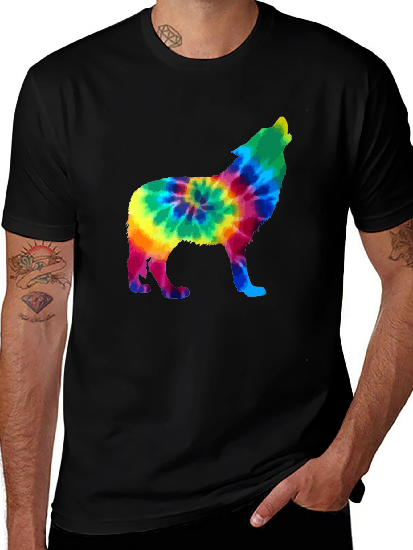 Variant 17 of Tie-Dye Wolf Graphic Black T-Shirt