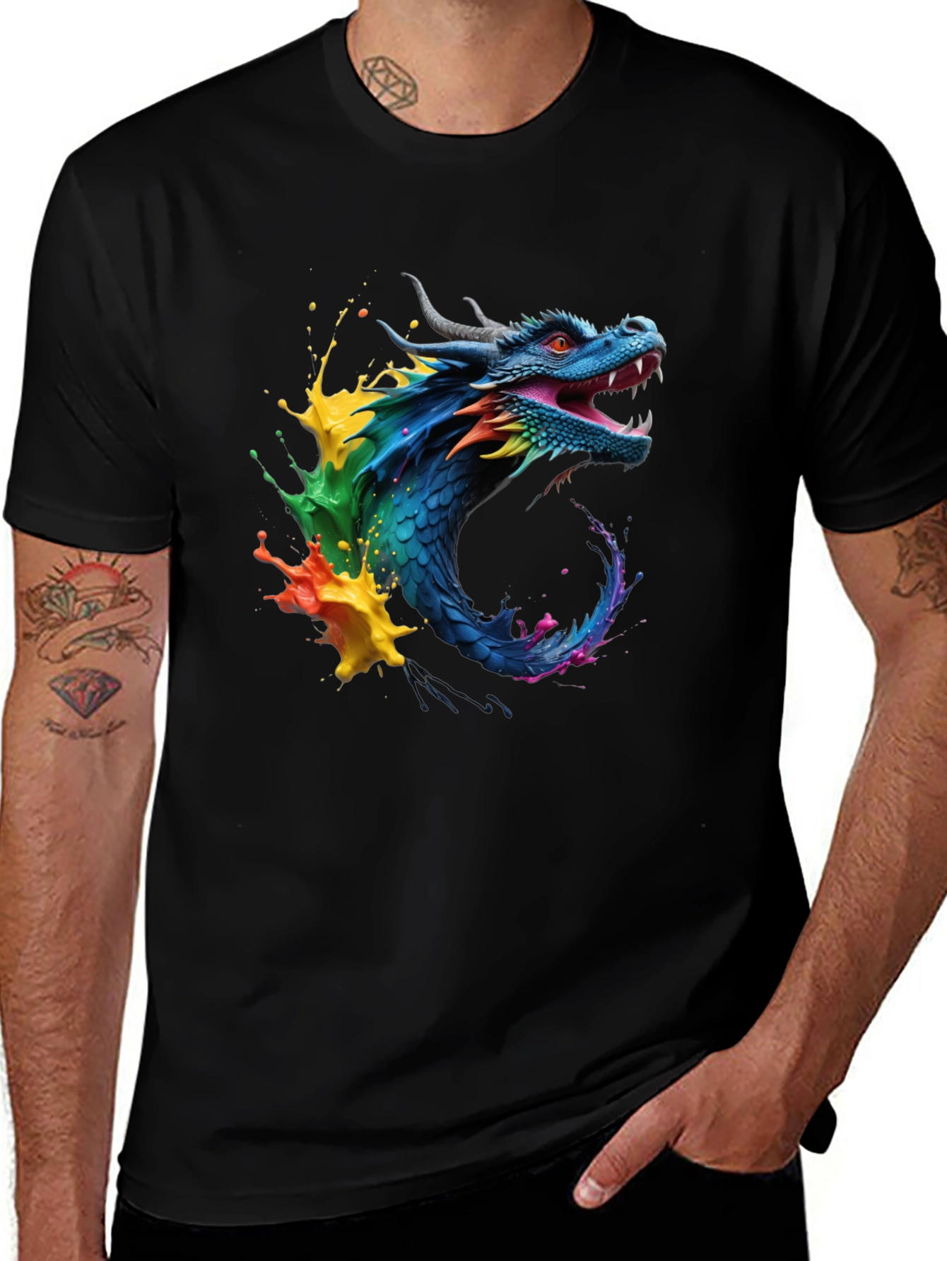 Variant 18 of Vibrant Dragon Graphic Tee - Black Cotton Blend