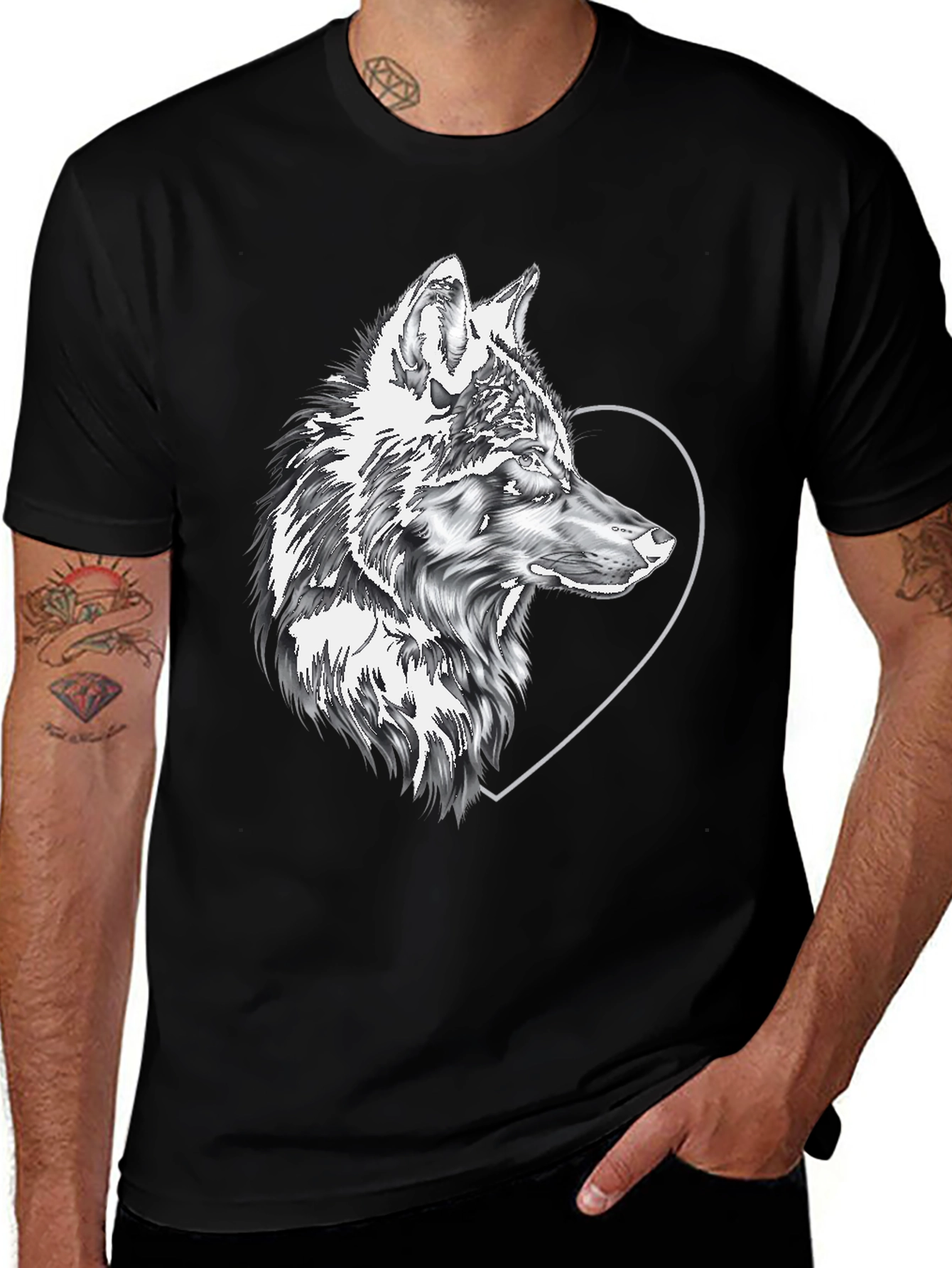 Black Wolf & Heart Graphic Black Tee main image