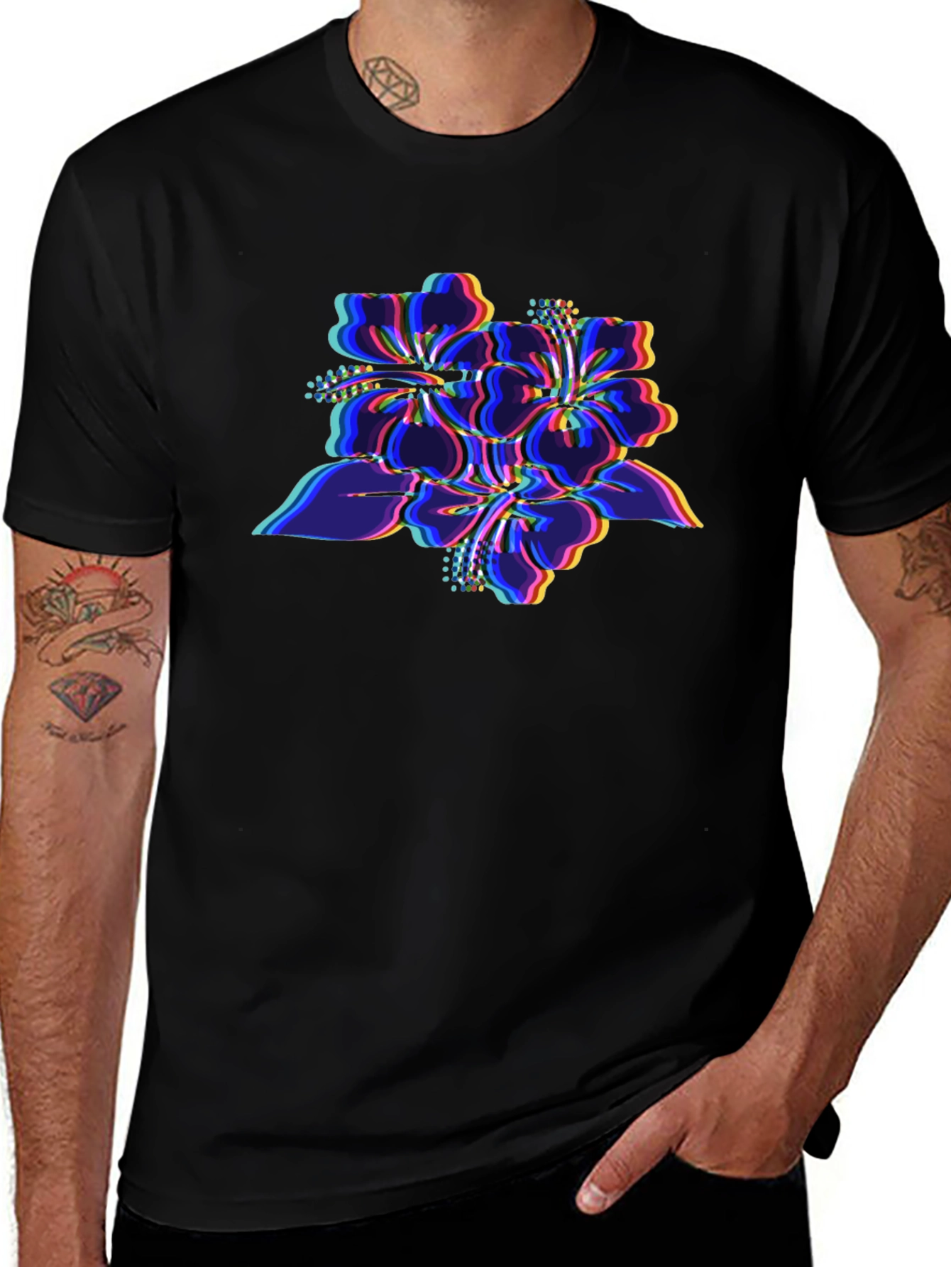 Variant 27 of Hibiscus Glitch Graphic Black T-Shirt