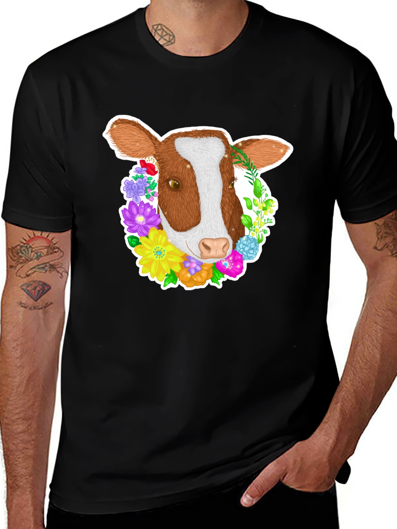 Variant 23 of Floral Cow T-Shirt - Black Cotton Tee